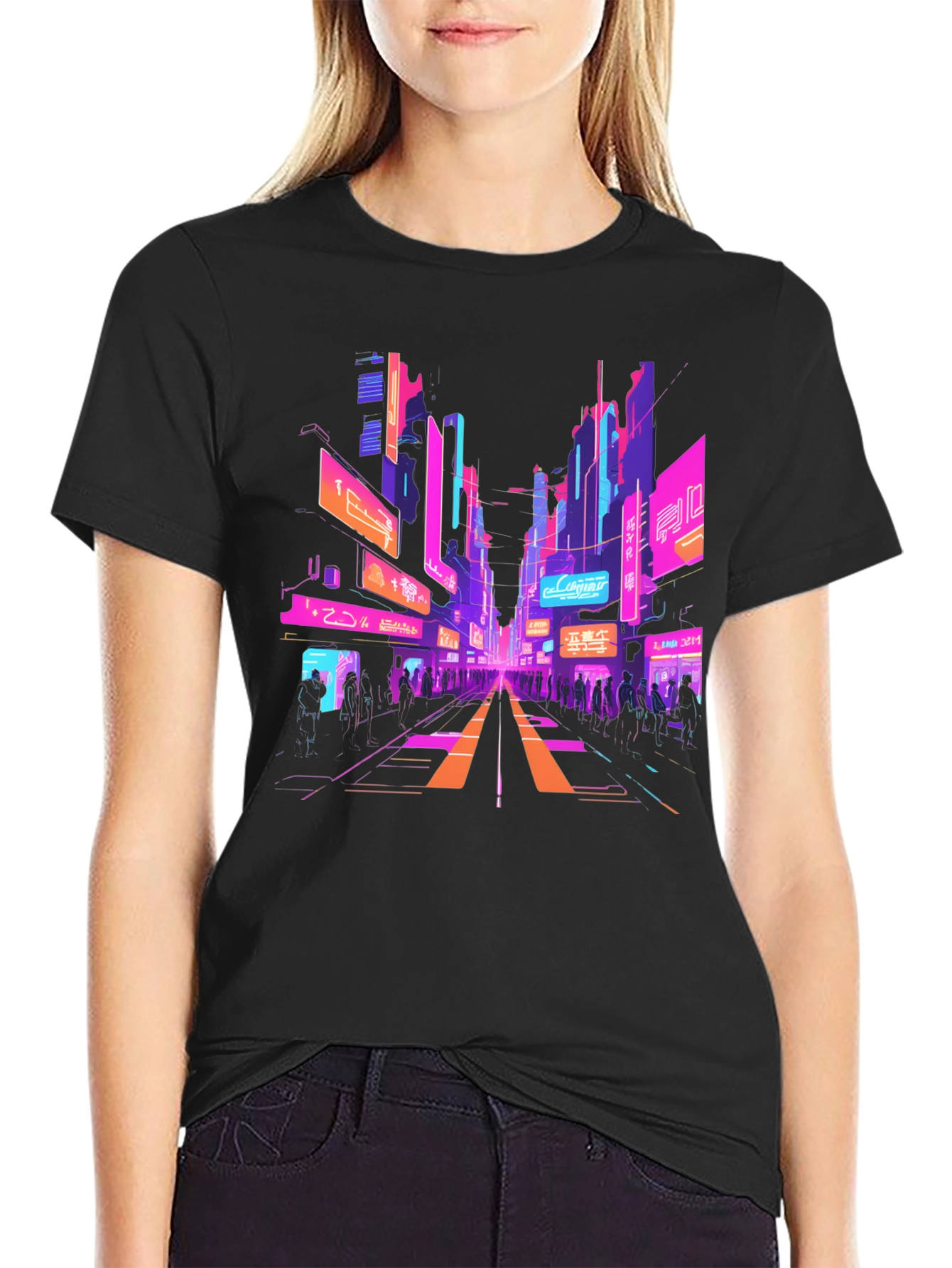 Black Cyberpunk Cityscape Graphic Tee view 2