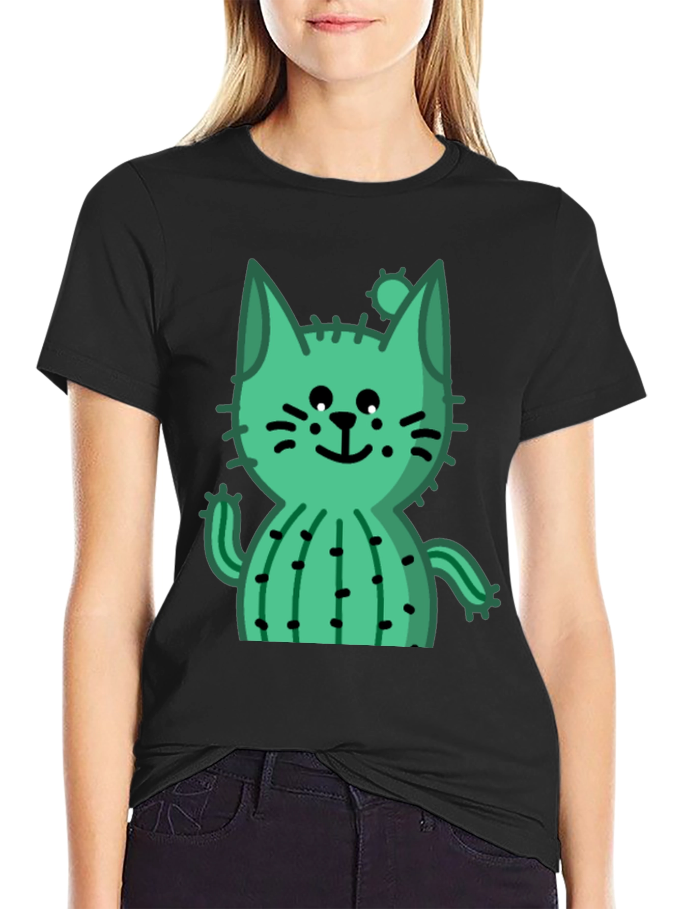 Black Cactus Cat Black T-Shirt - Trendy and Unique view 2