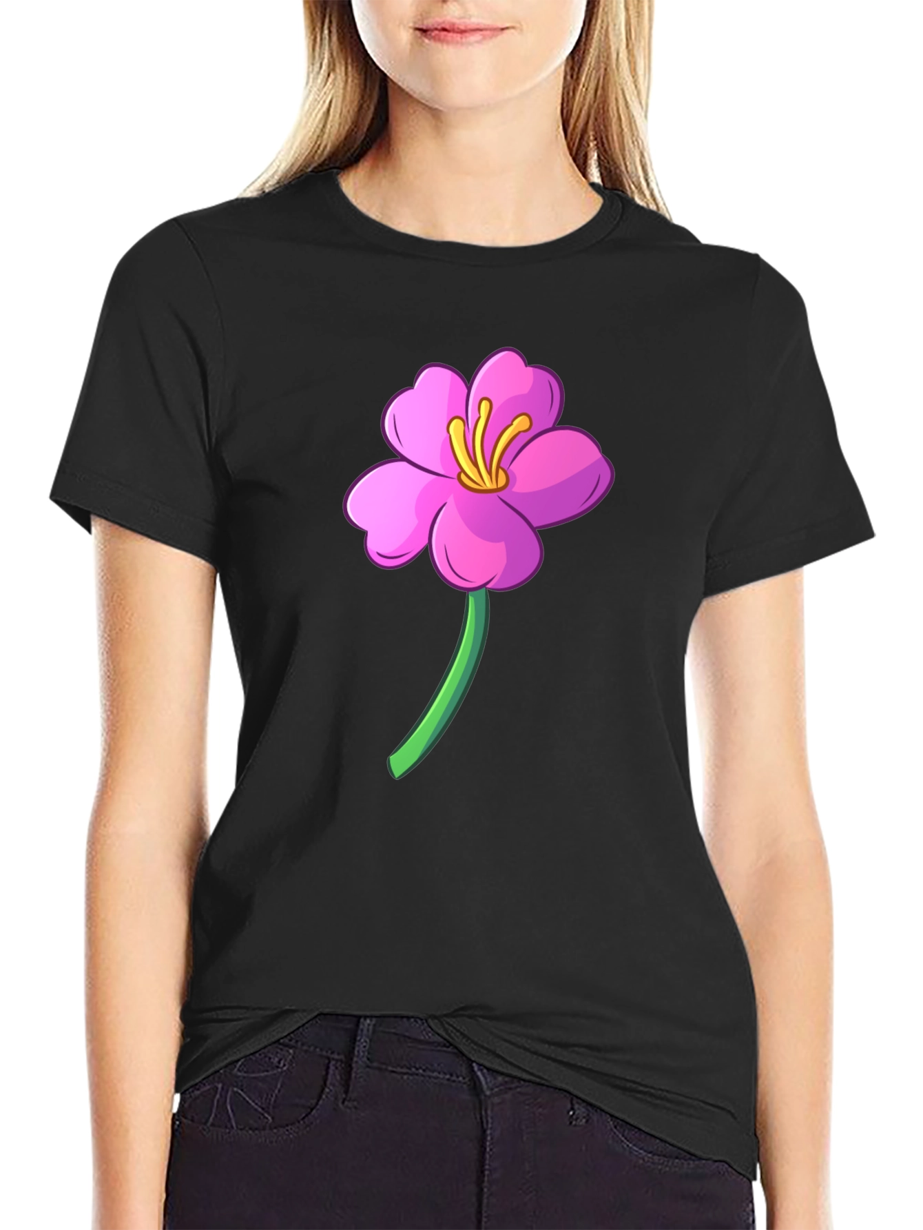Black Pink Flower Graphic Black T-Shirt view 2