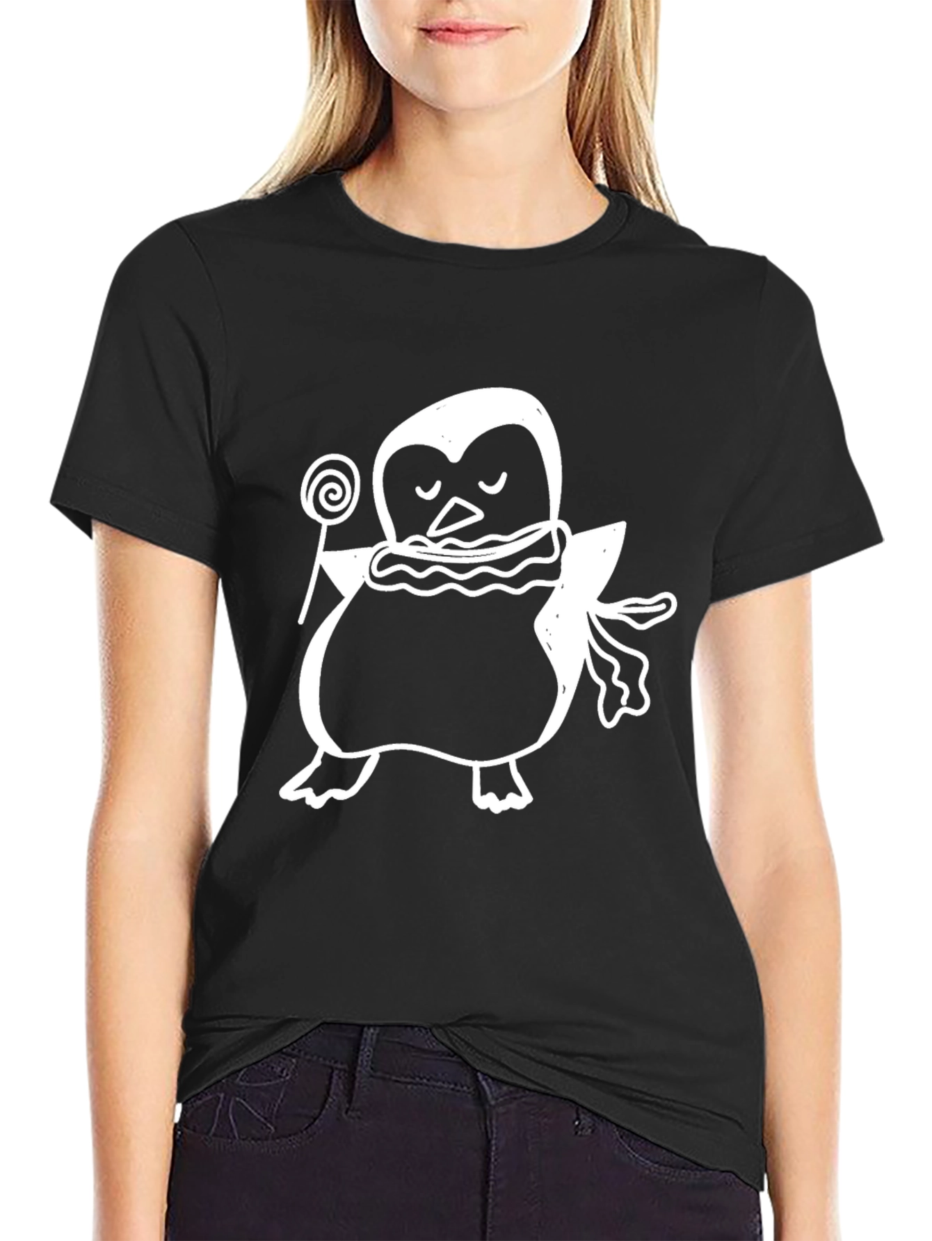 Black Penguin Lollipop Black T-Shirt - Cute Animal Tee view 2