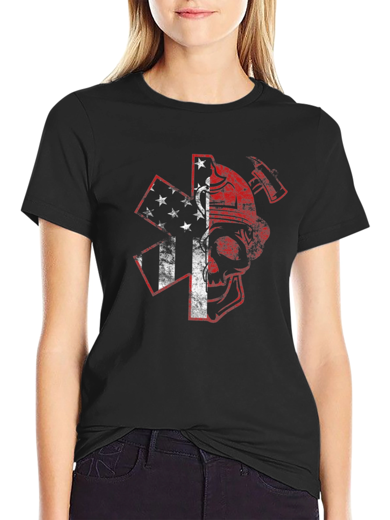 Black American Firefighter Skull Graphic T-Shirt view 2