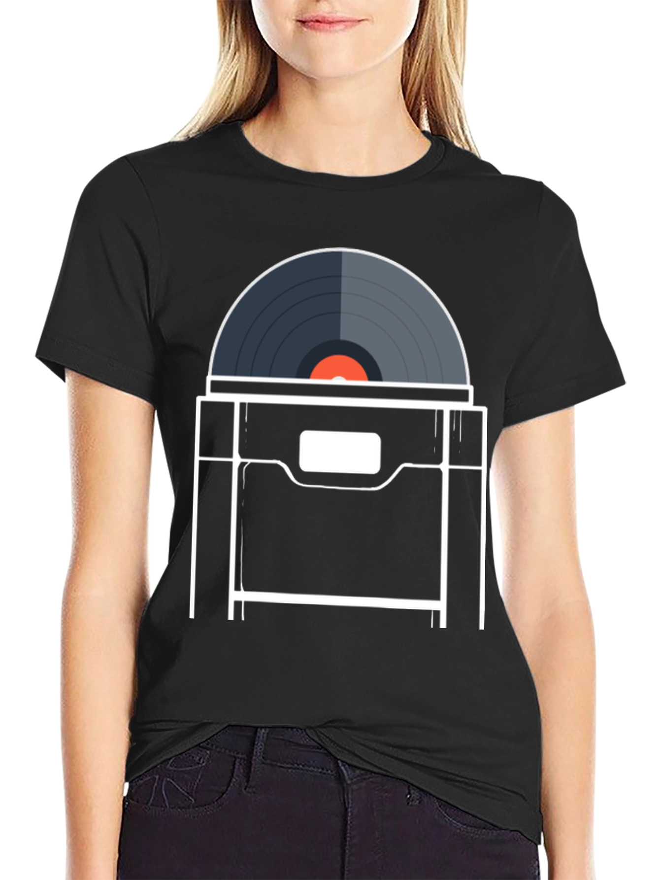 Black Vintage Vinyl Record Player T-Shirt - Retro Music Tee view 2