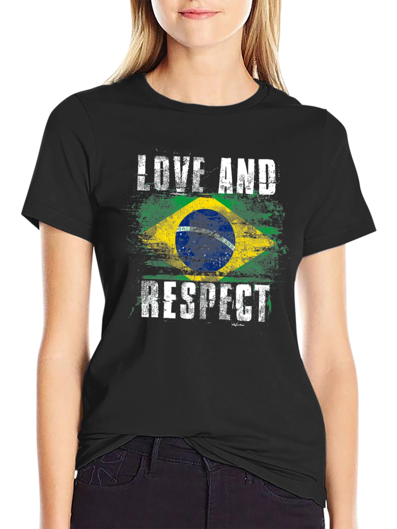 Black Brazil Flag Love and Respect T-Shirt view 2