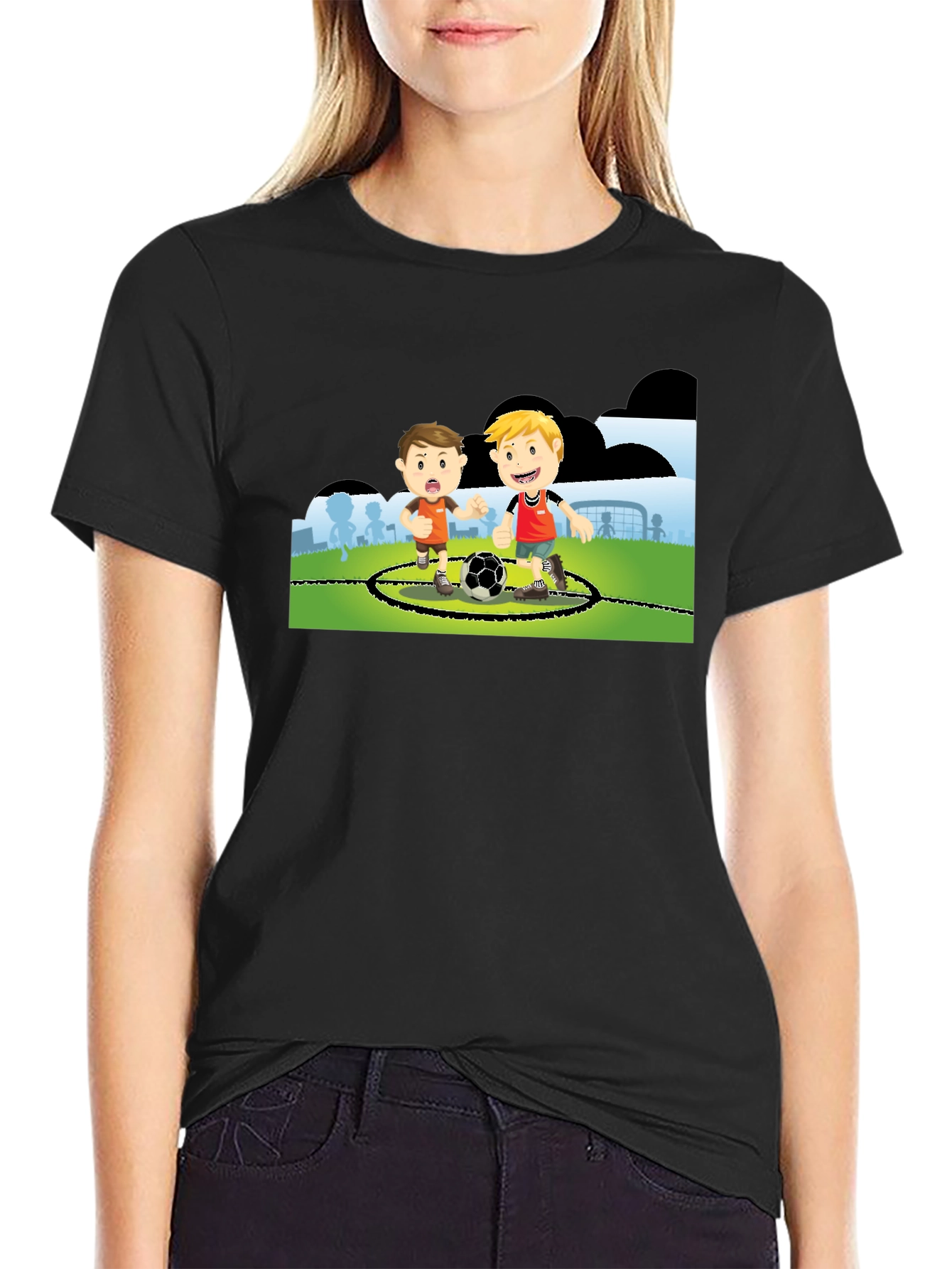 Black Boys Soccer Cartoon Black T-Shirt view 2
