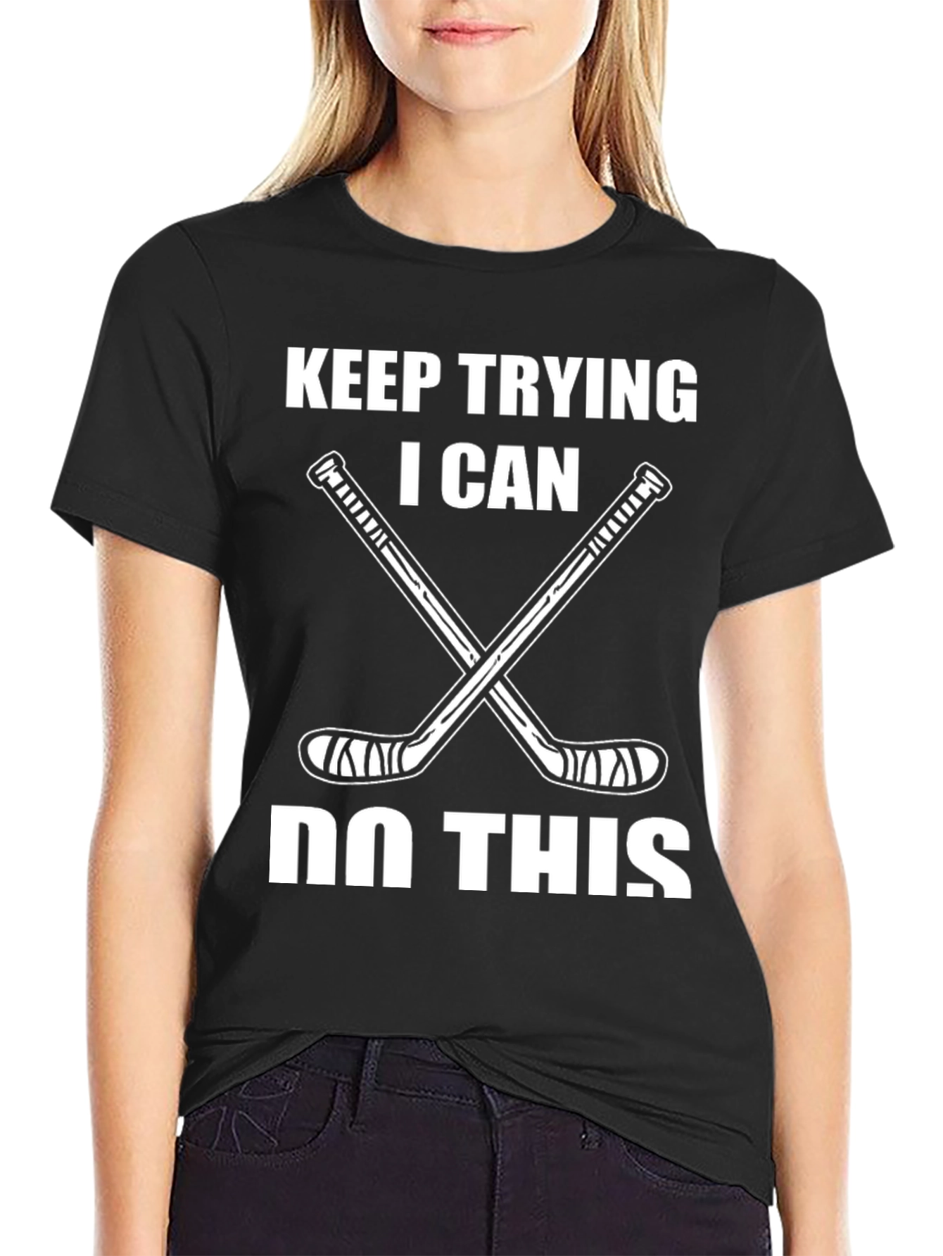Black Keep Trying Hockey T-Shirt view 2