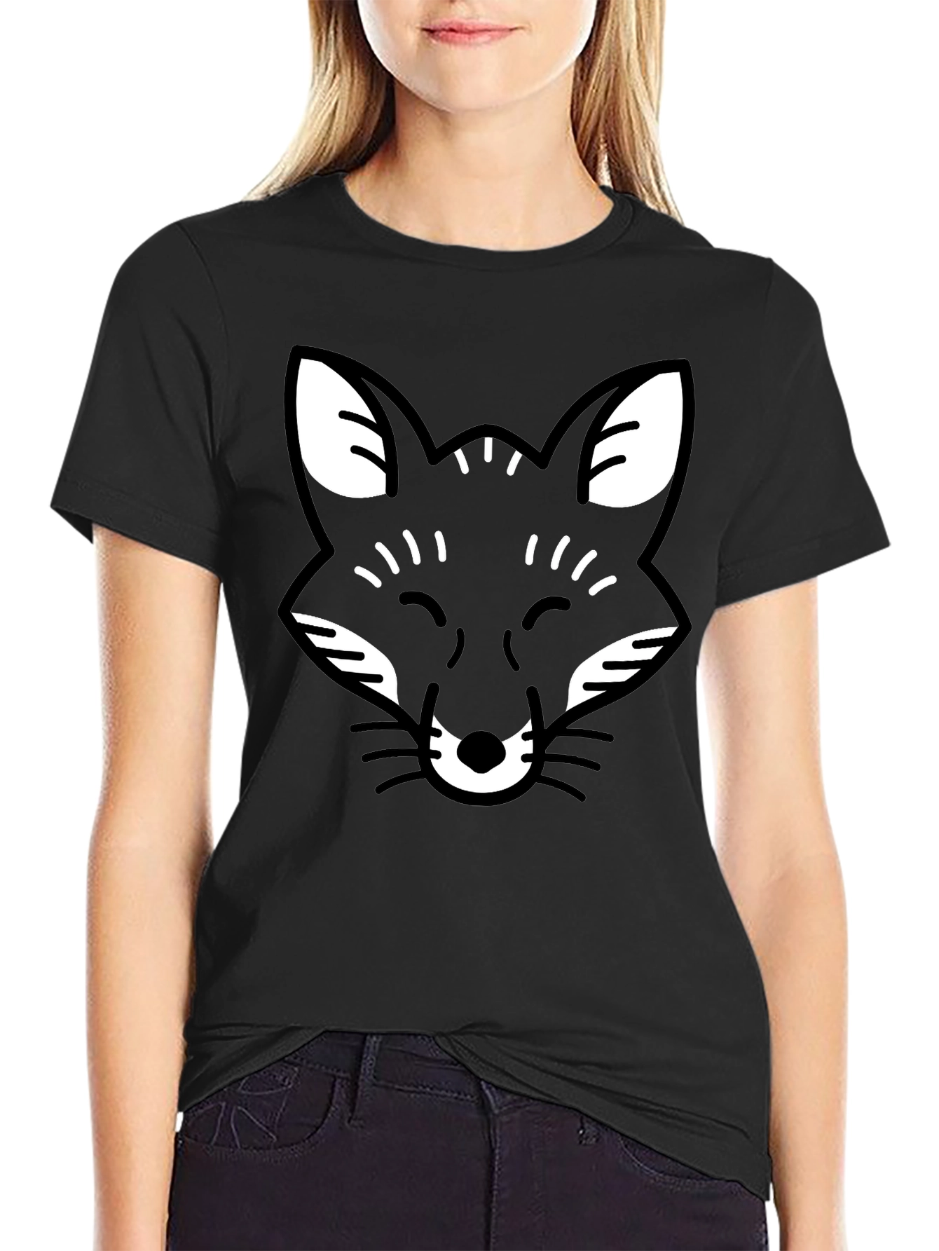 Black Black Fox Face Graphic Tee - Casual Crew Neck T-Shirt view 2
