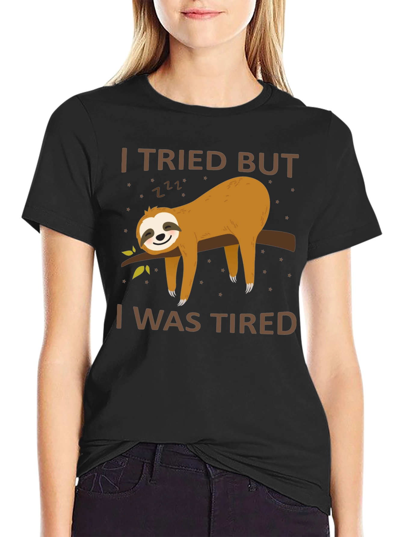 Black I Tried But I Was Tired Sloth T-Shirt view 2