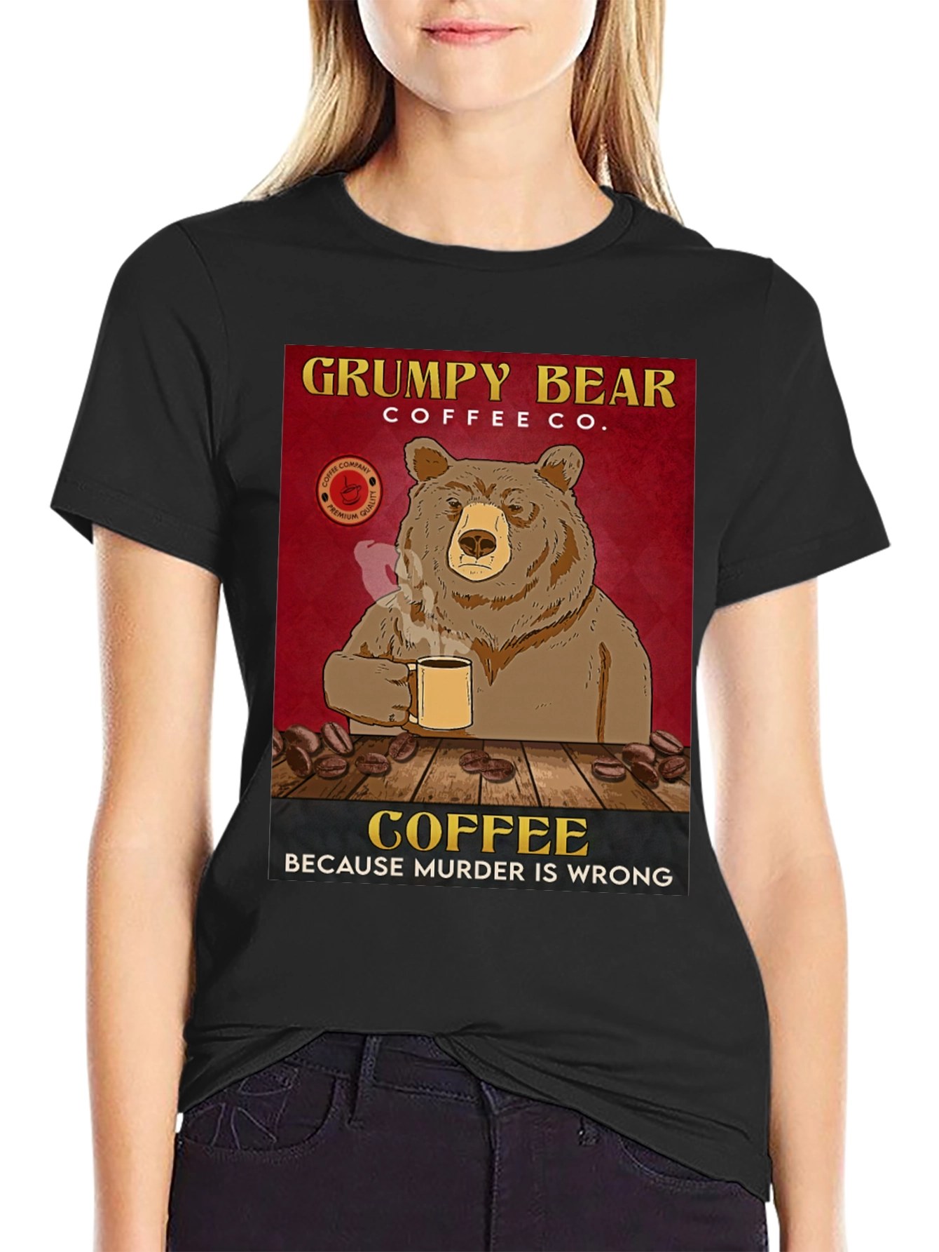Black Grumpy Bear Coffee Co. T-Shirt - Coffee Because Murder is Wrong view 2