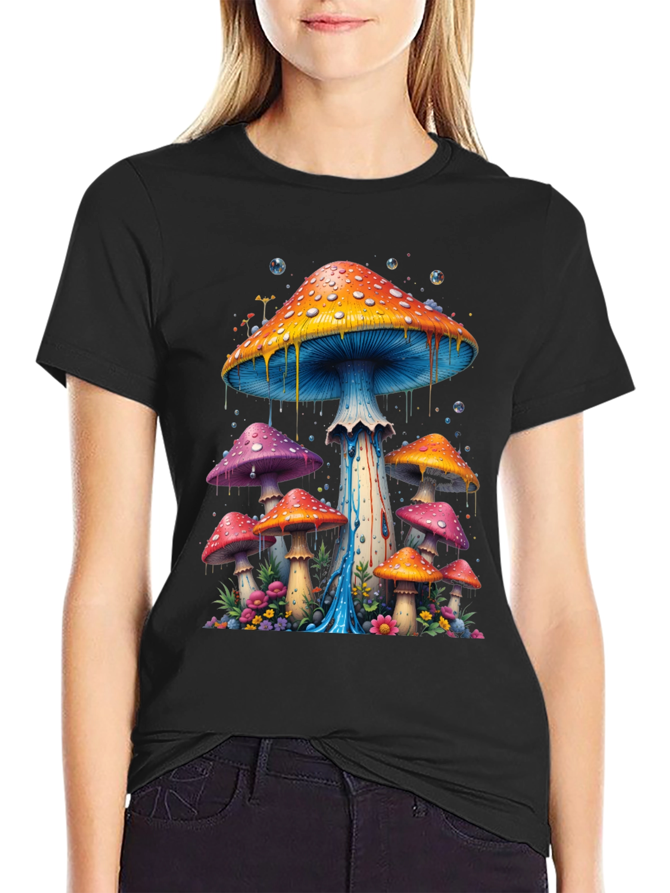 Black Psychedelic Mushroom Graphic Tee - Black Cotton Blend view 2
