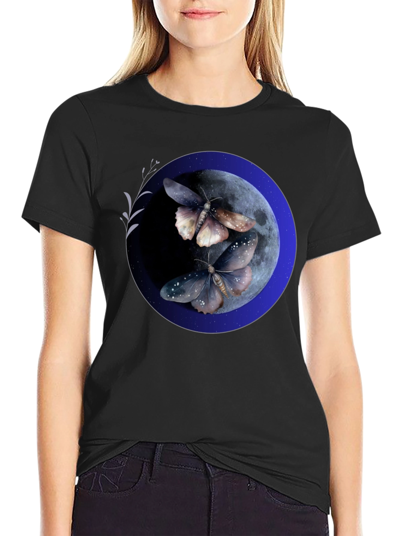 Black Moonlit Moth Graphic Tee - Black Cotton Blend view 2