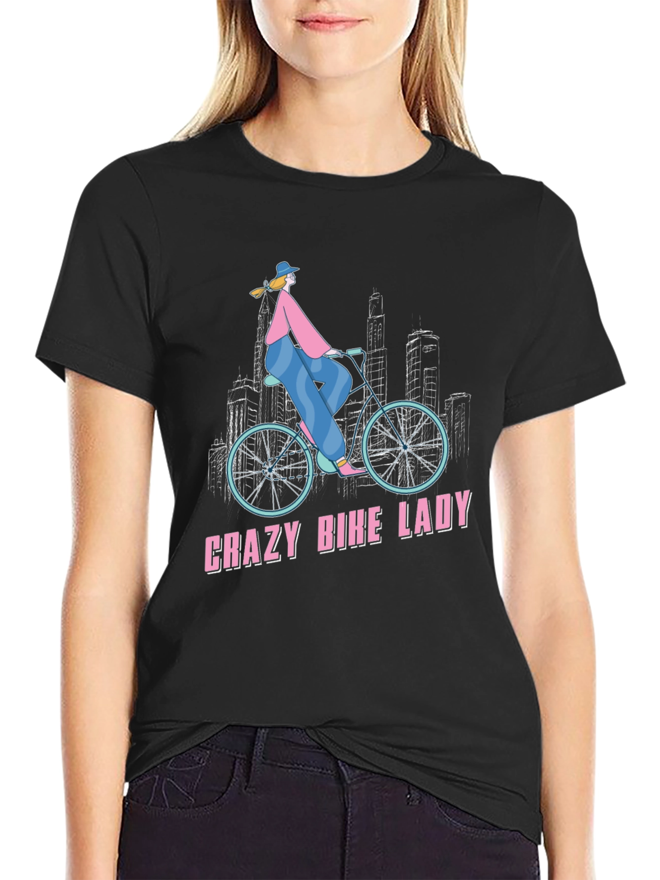 Black Crazy Bike Lady Graphic Tee - Black Cotton T-Shirt view 2