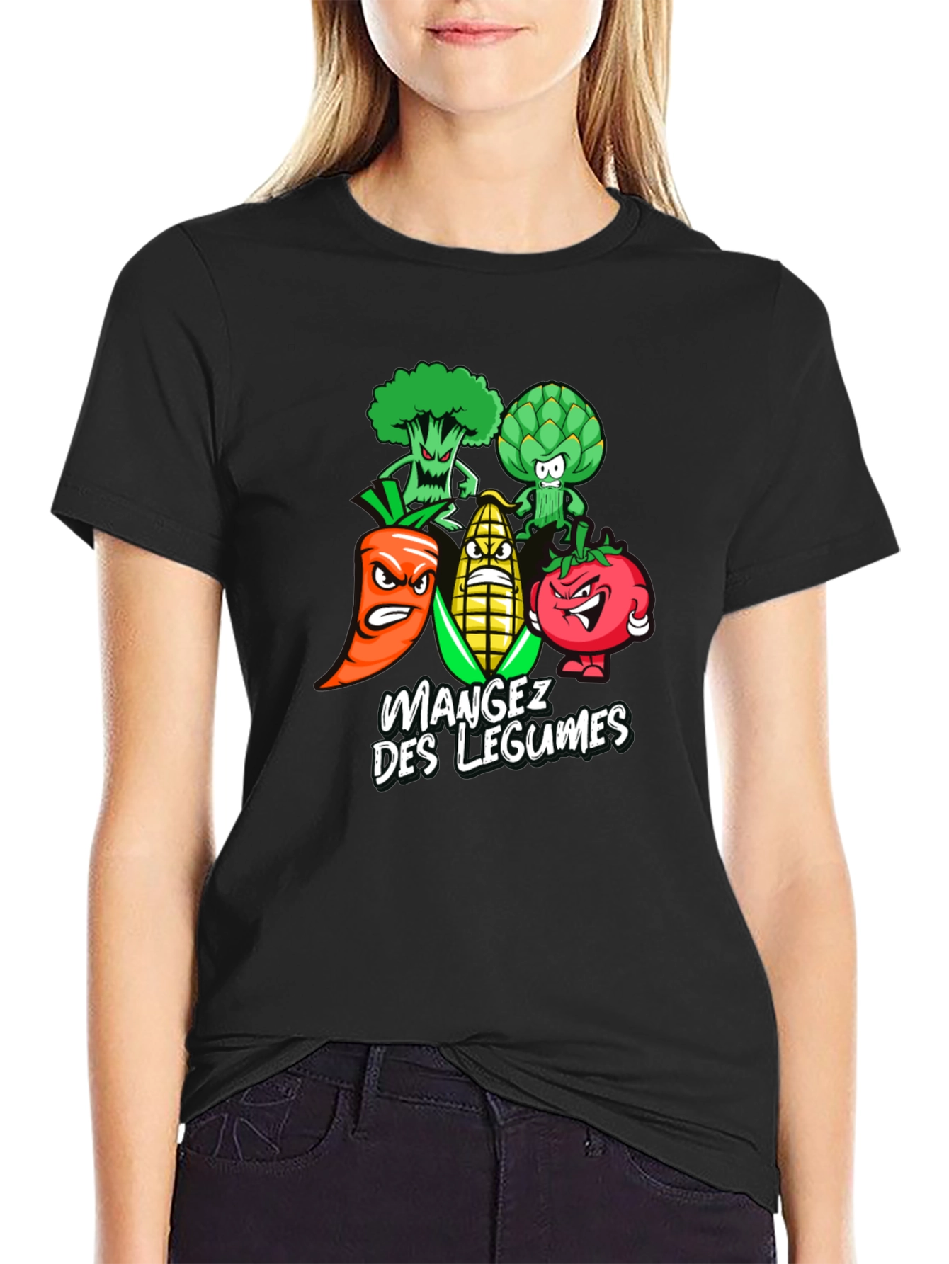 Black Eat Your Vegetables T-Shirt - Funny Cartoon Veggies Tee view 2