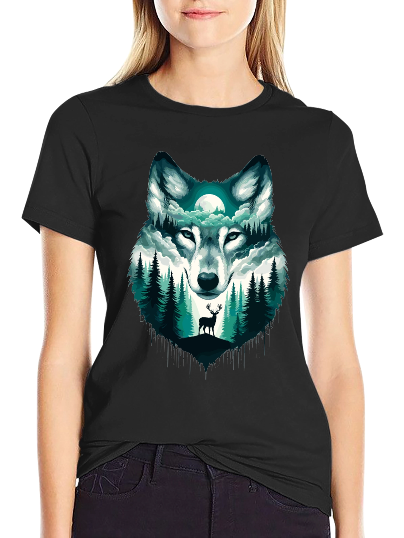 Black Wolf & Forest Graphic Tee - Nature Inspired Design view 2