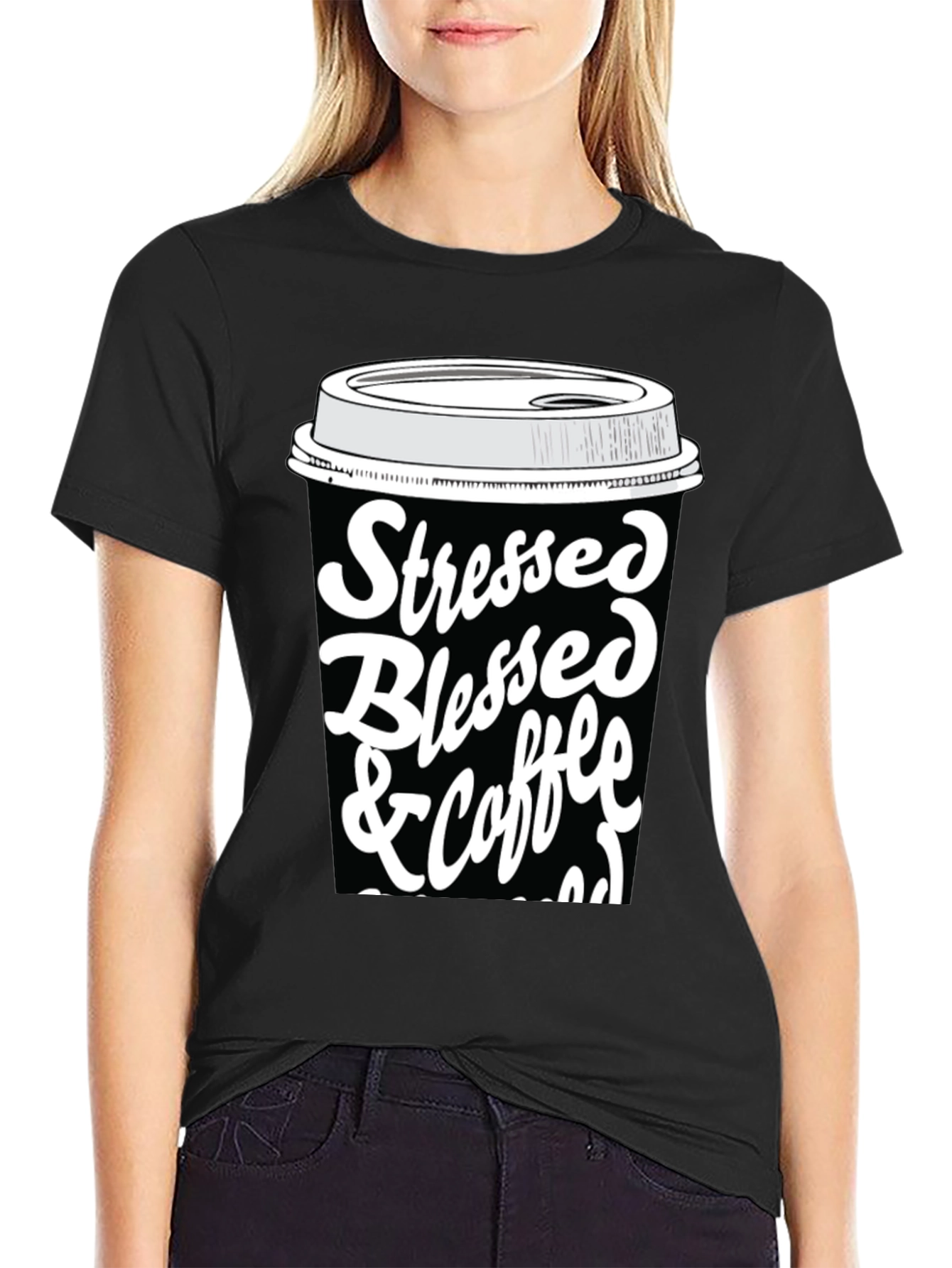 Black Stressed Blessed & Coffee Obsessed T-Shirt view 2