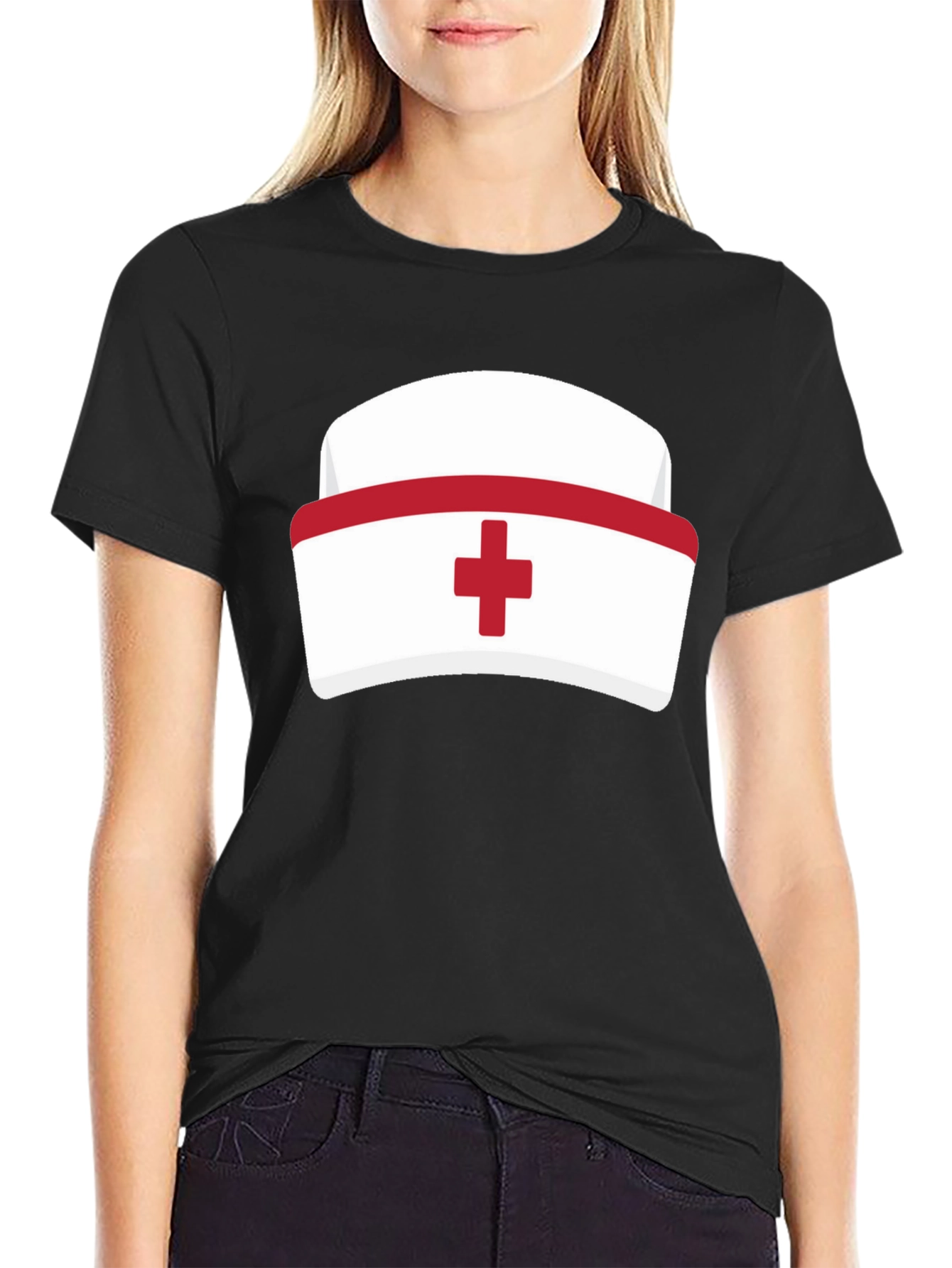 Black Nurse Hat Graphic T-Shirt - Black Cotton Tee view 2