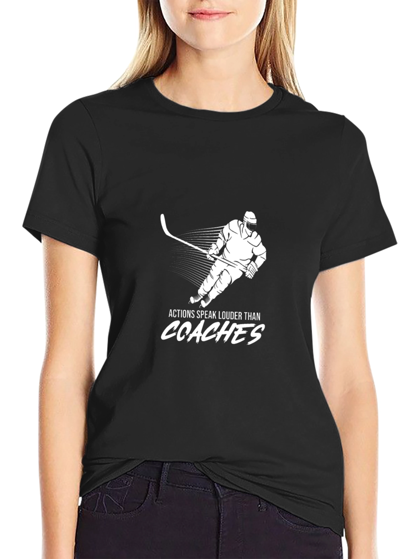 Black Hockey Player T-Shirt - Actions Speak Louder Than Coaches view 2