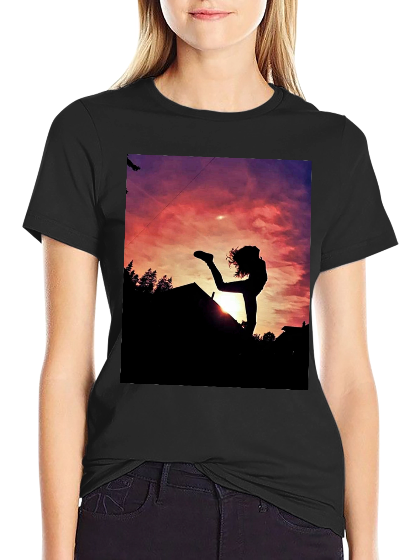 Black Silhouette Sunset Graphic Tee - Black Cotton Blend view 2