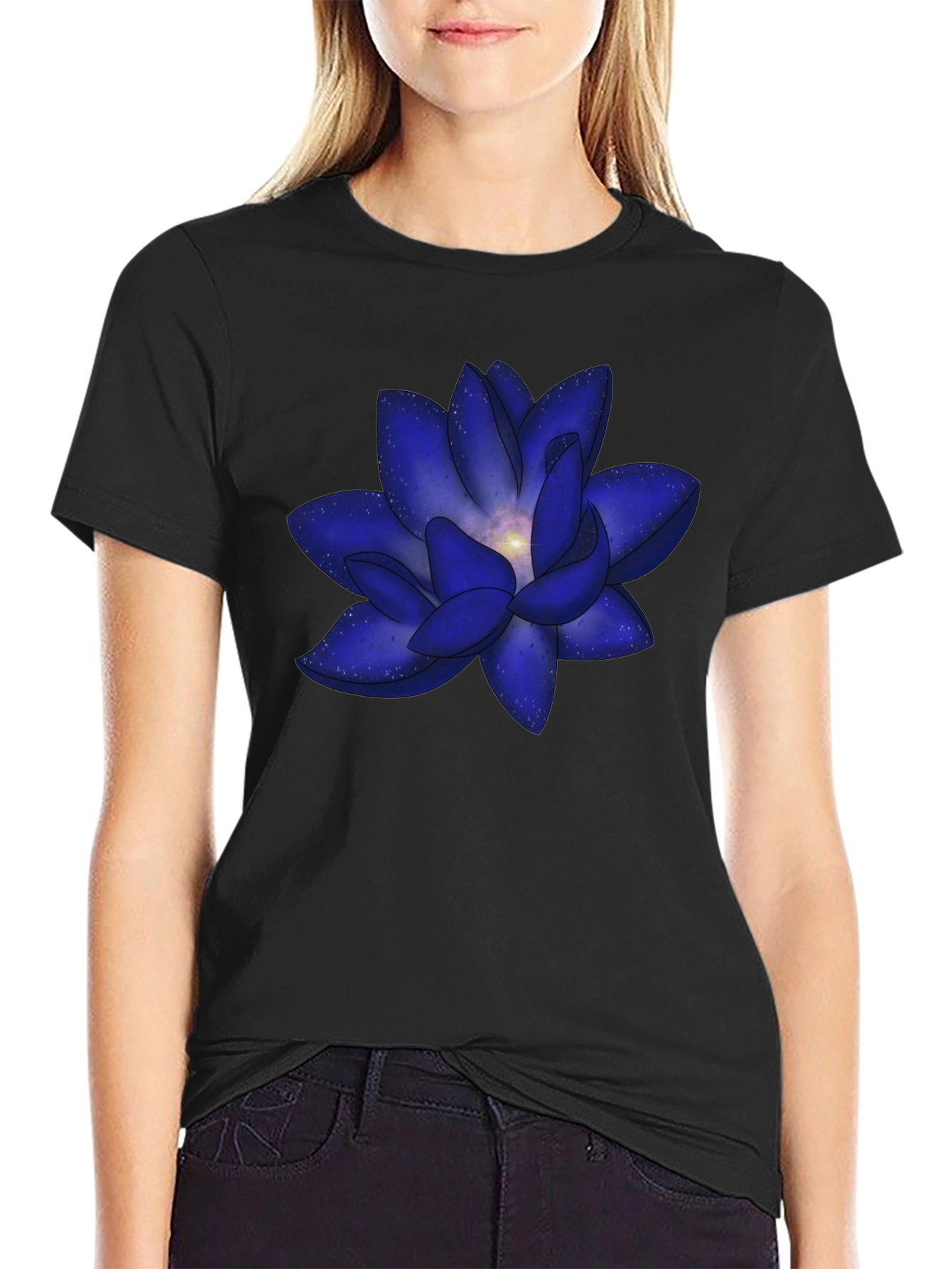 Black Blue Space Lotus Graphic T-Shirt - Modern Design view 2