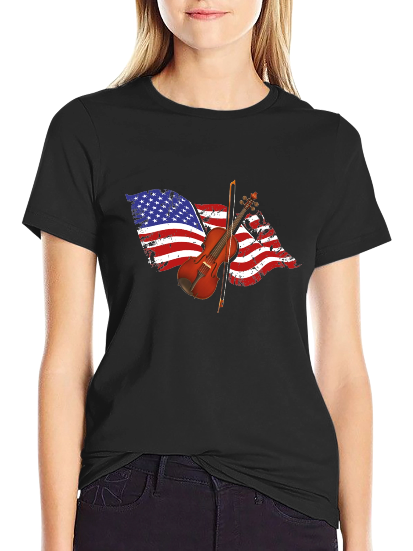 Black American Flag Violin Graphic T-Shirt view 2