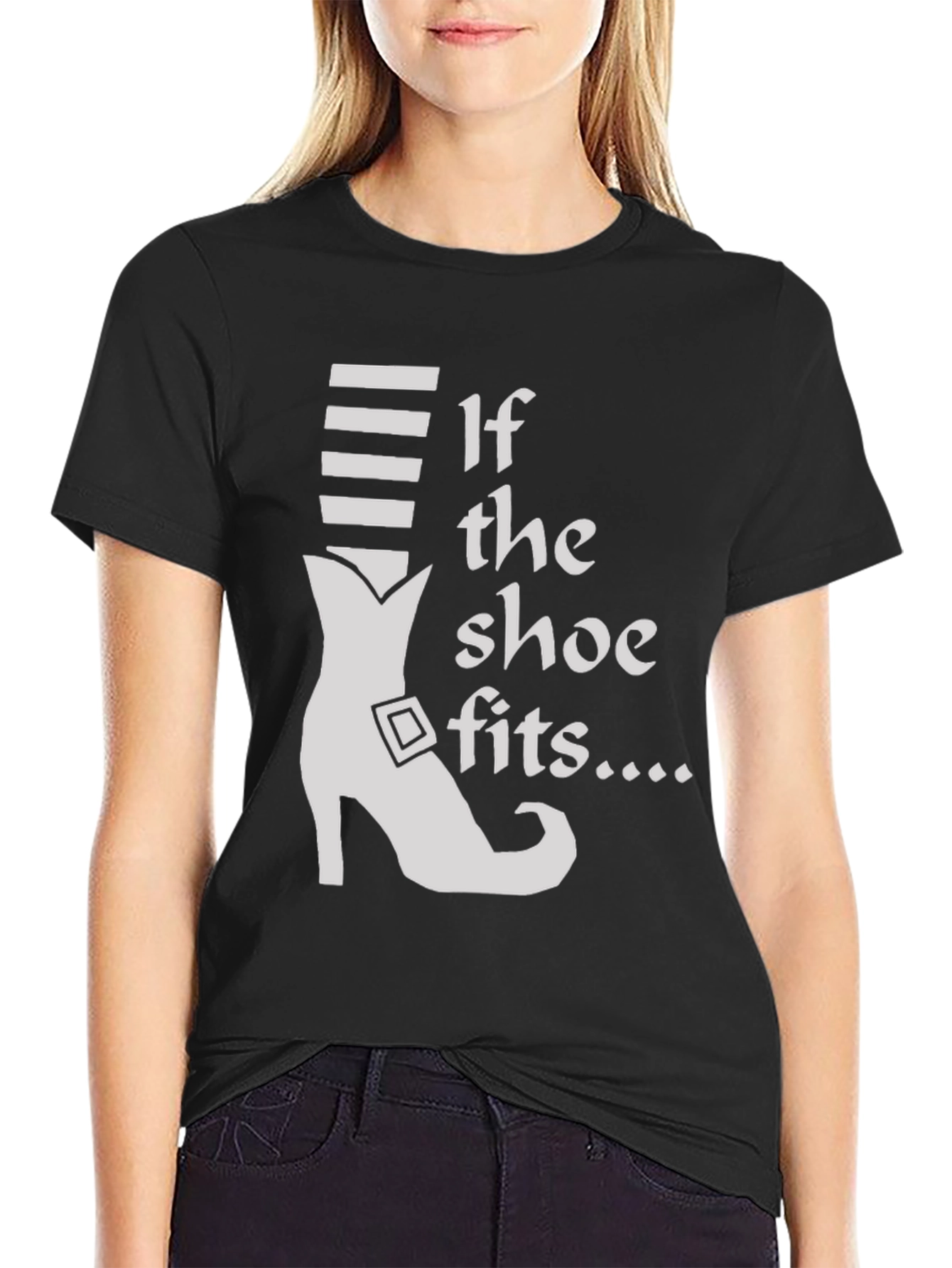 Black If the Shoe Fits T-Shirt - Novelty Witch Shoe Tee view 2