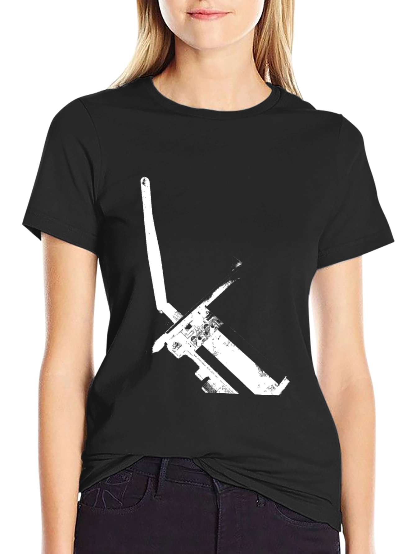 Black Graphic Tee: Minimalist White Pickaxe Print - Black Cotton T-Shirt view 2