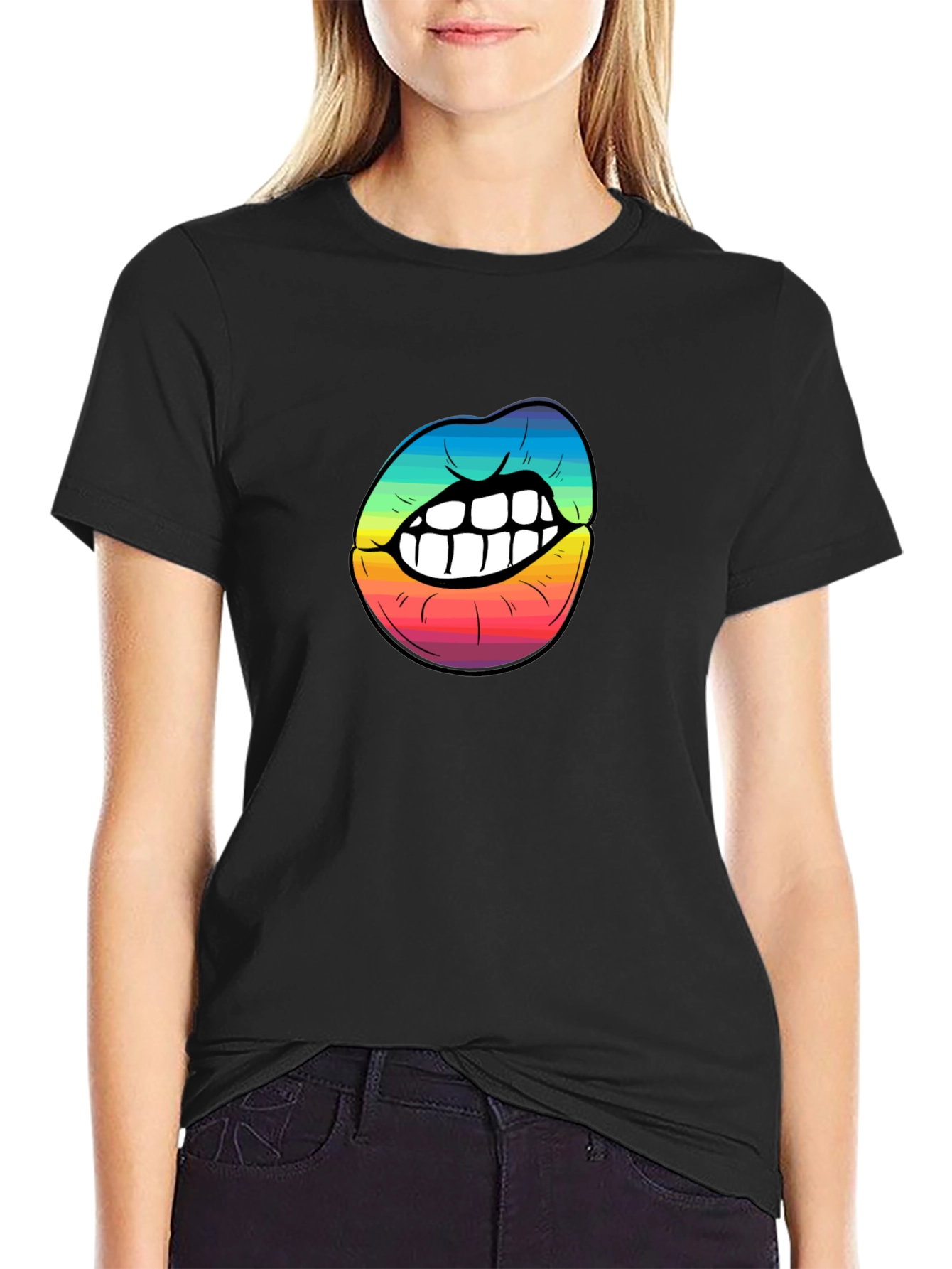 Black Rainbow Lips Graphic Black T-Shirt view 2