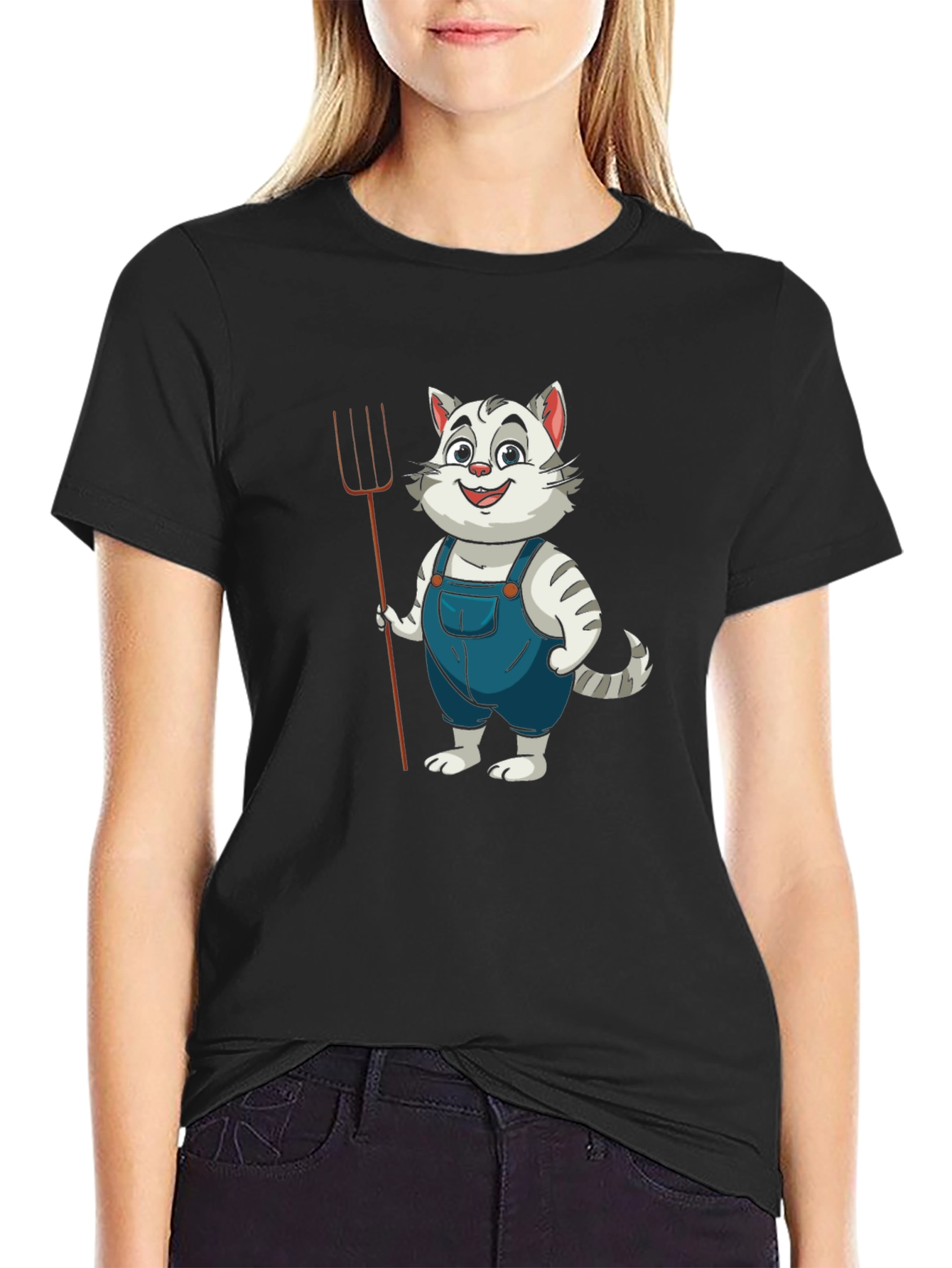 Black Cartoon Cat Farmer Black T-Shirt view 2