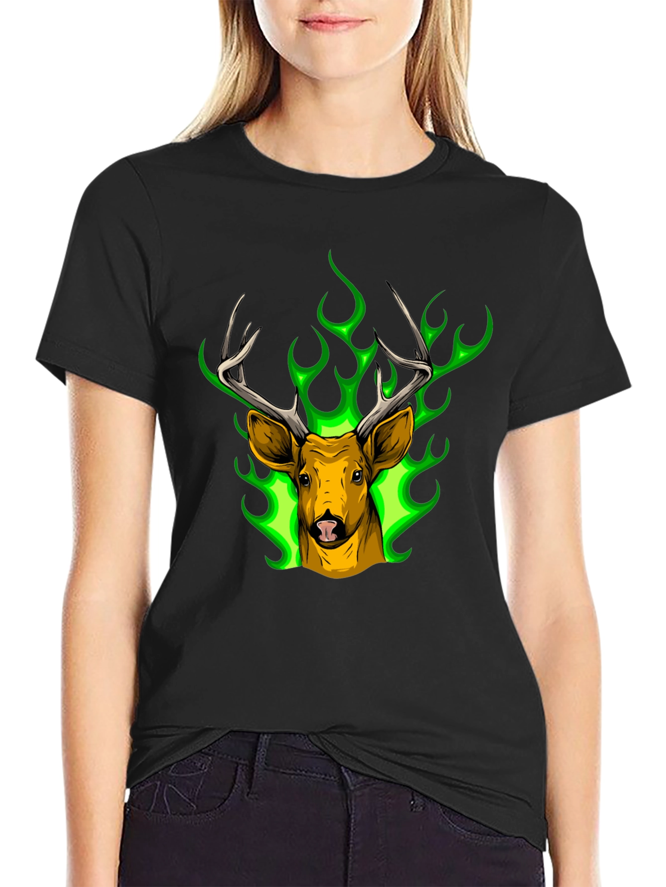 Black Deer Head Graphic Tee - Green Flame Stag Design view 2