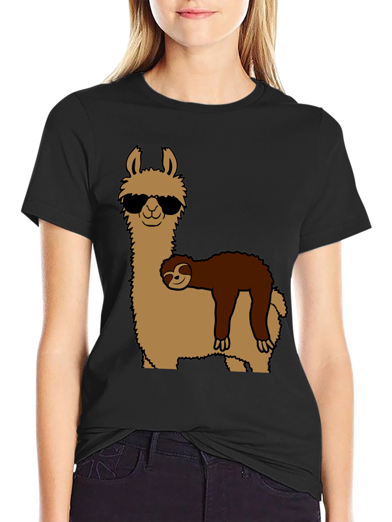 Black Cool Llama & Sloth Graphic T-Shirt view 2