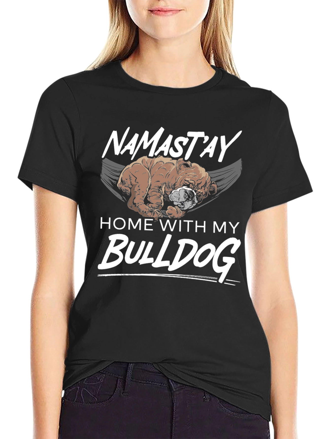 Black Namast'ay Home With My Bulldog Black T-Shirt view 2