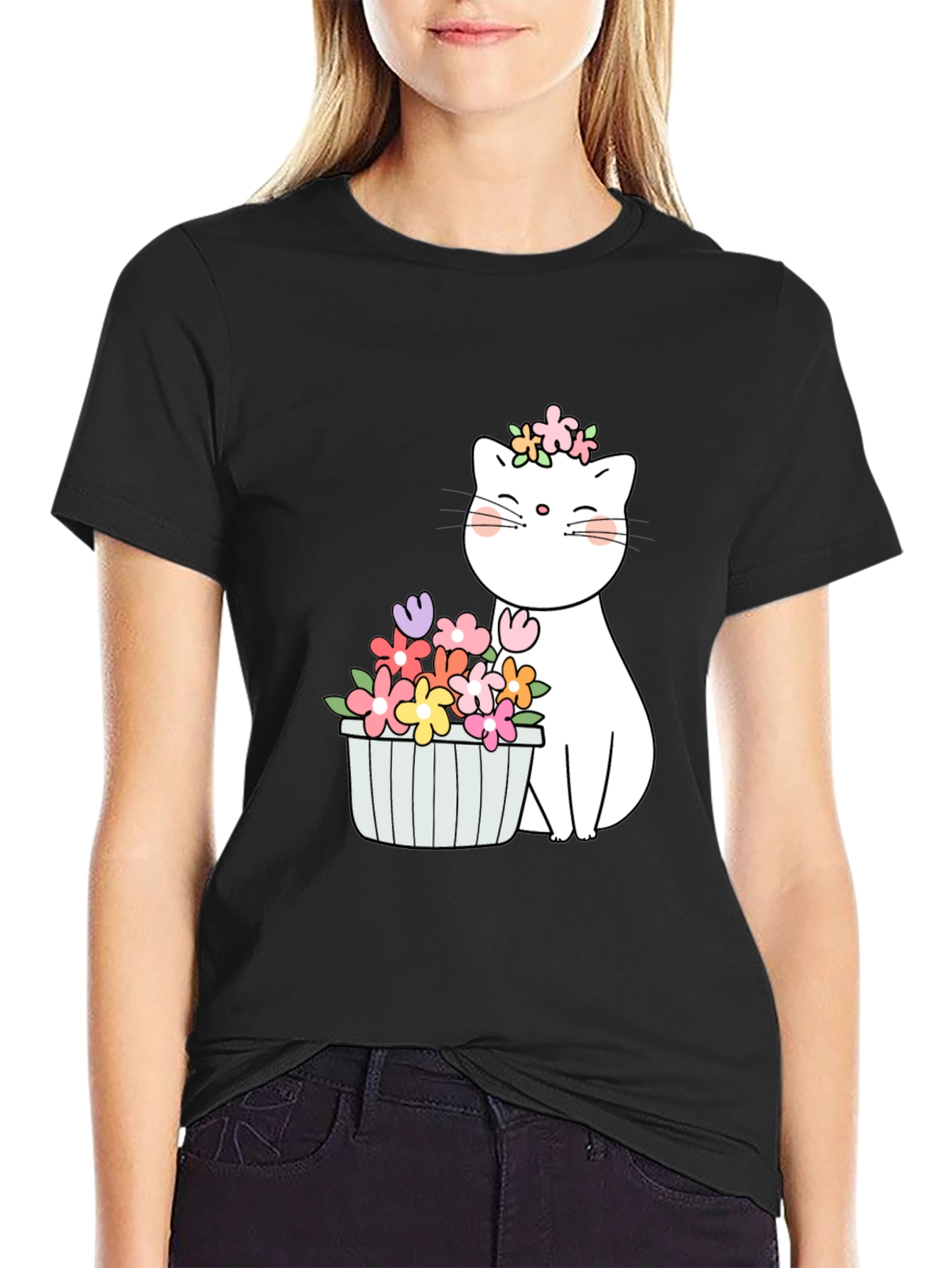 Black Floral Cat Graphic T-Shirt view 2