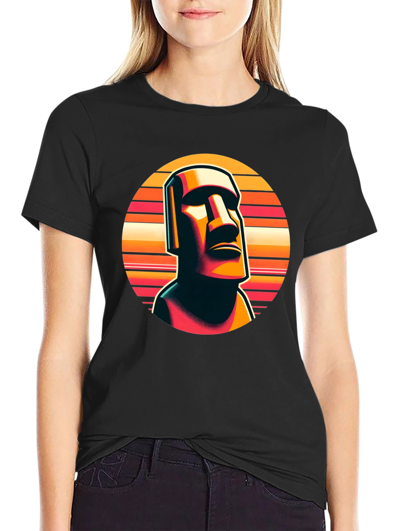 Black Moai Statue Graphic Tee - Retro Style view 2