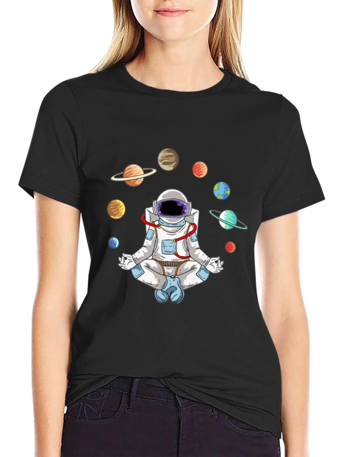 Black Meditating Astronaut Planets Graphic Tee view 2
