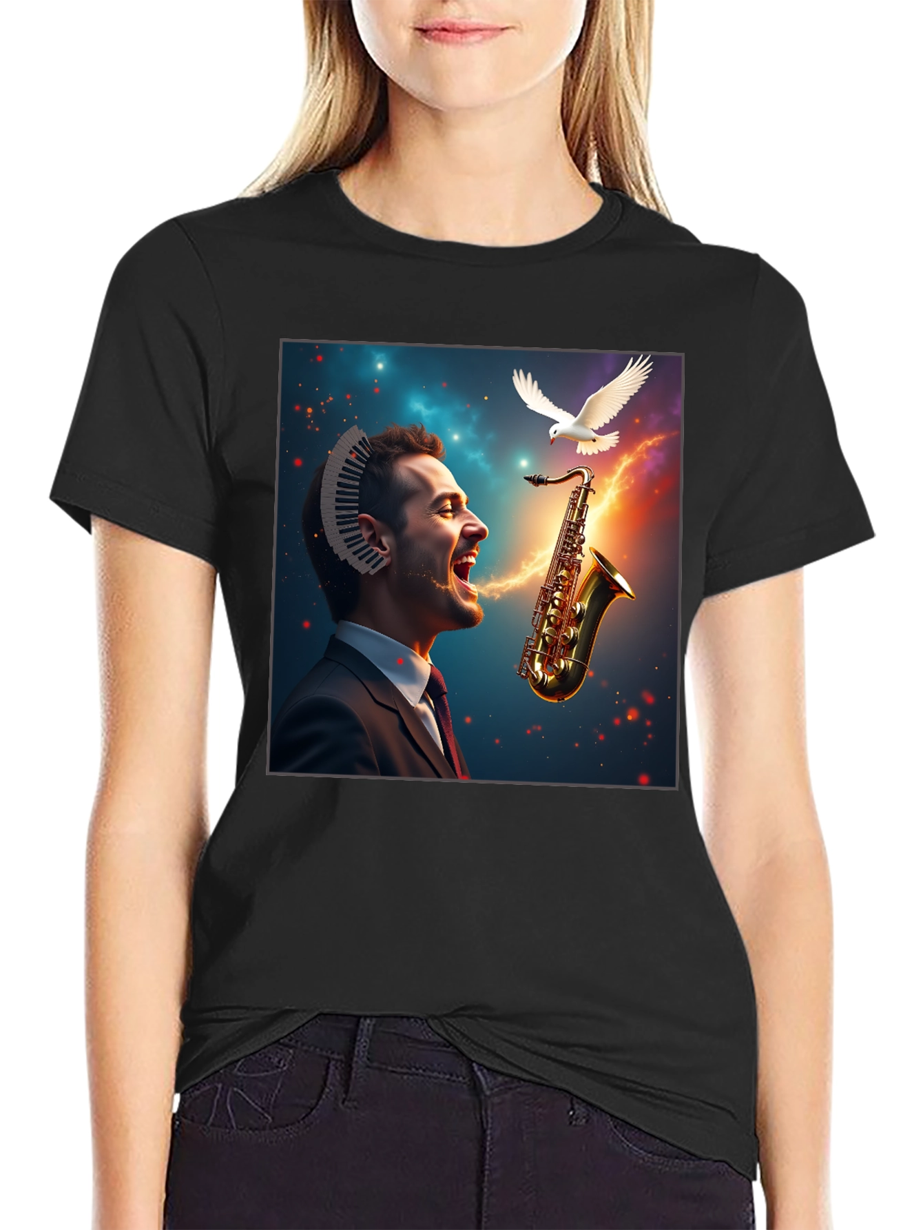 Black Musical Mind T-Shirt - Artistic Saxophone Design view 2