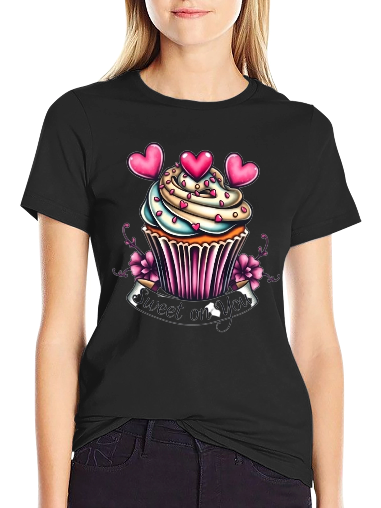 Black Sweet On You Cupcake Graphic T-Shirt view 2