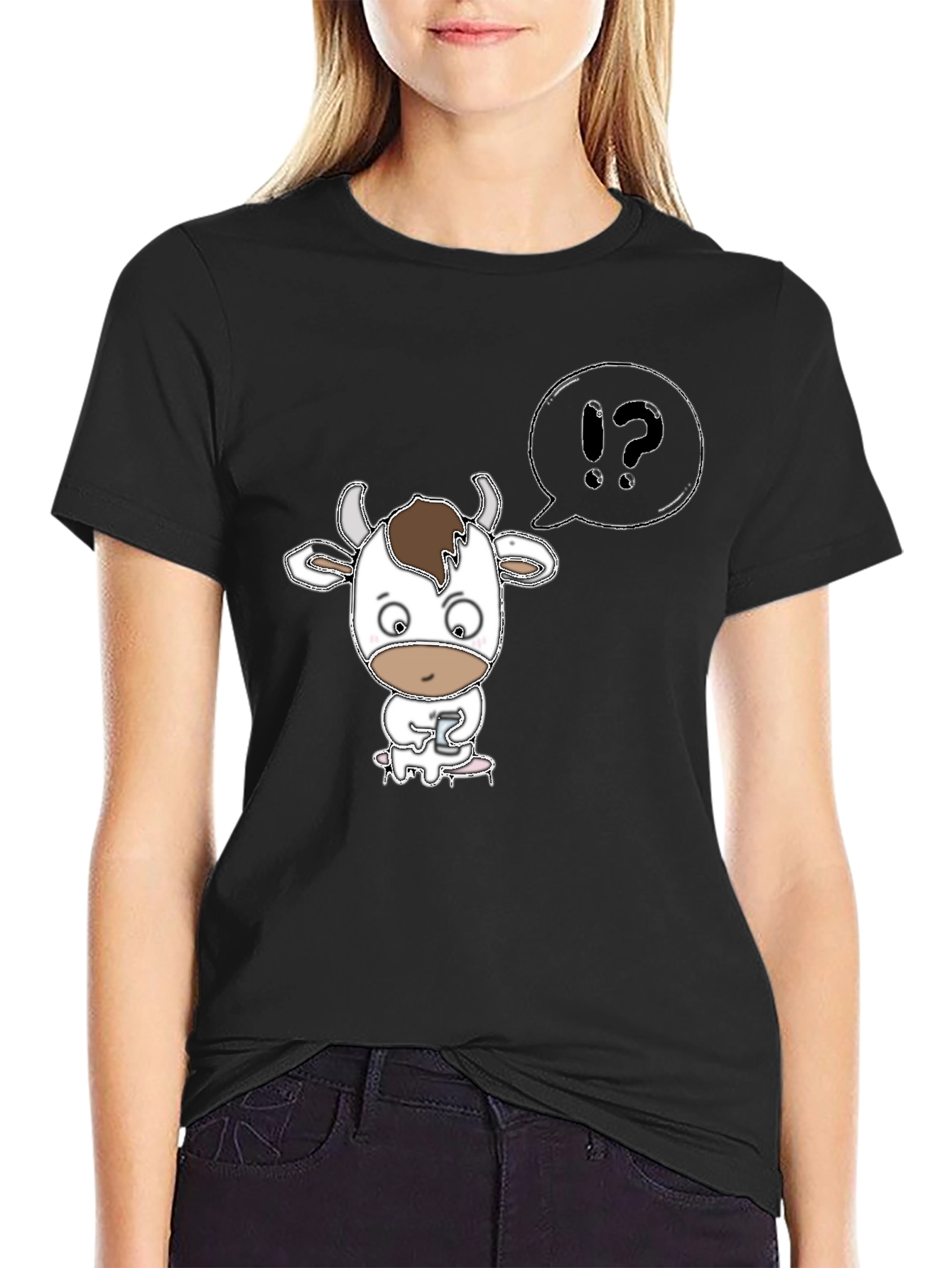 Black Cow Cartoon T-Shirt: "What?" Black Tee view 2
