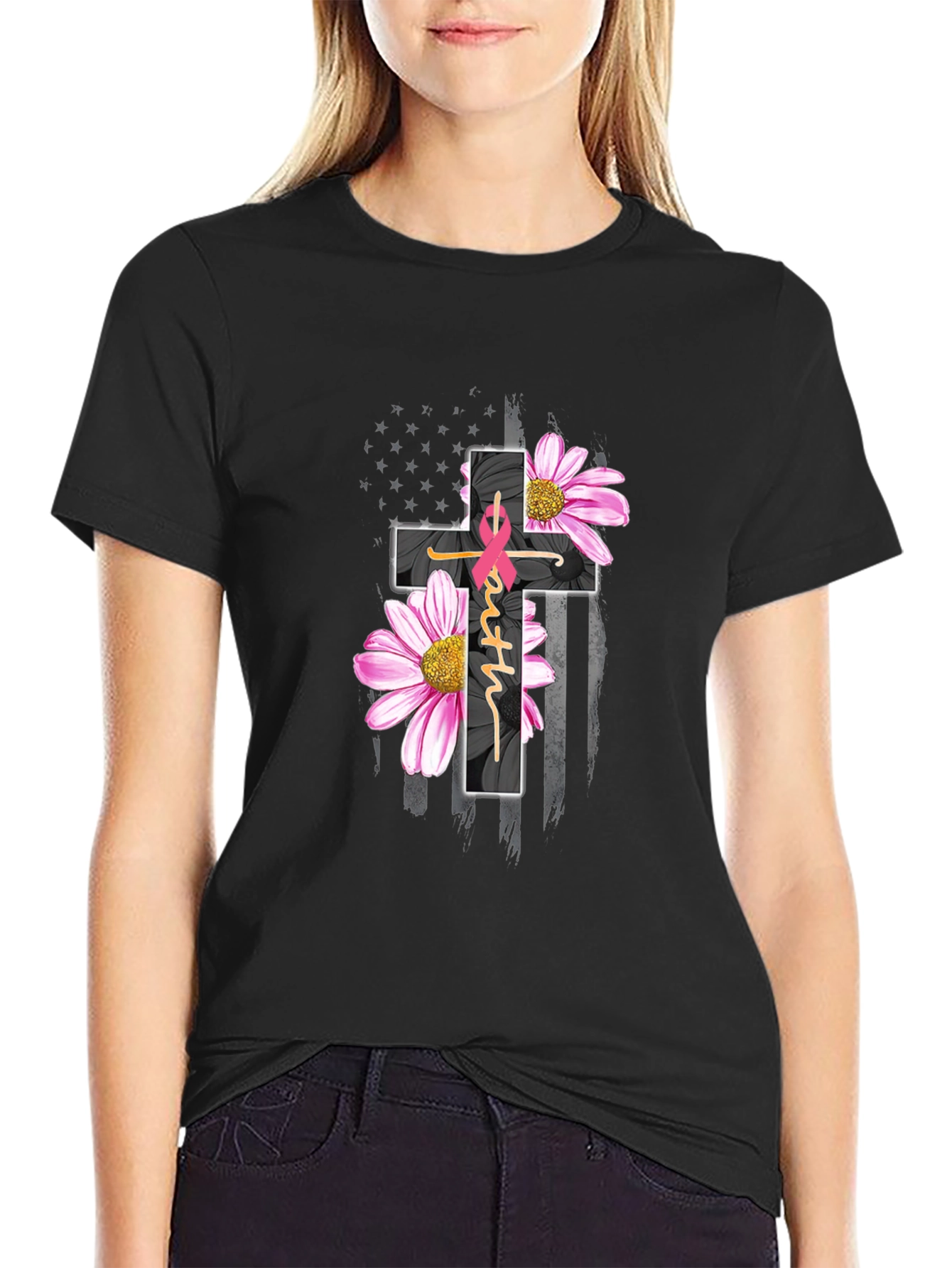 Black Faith Hope Love Breast Cancer Awareness T-Shirt view 2