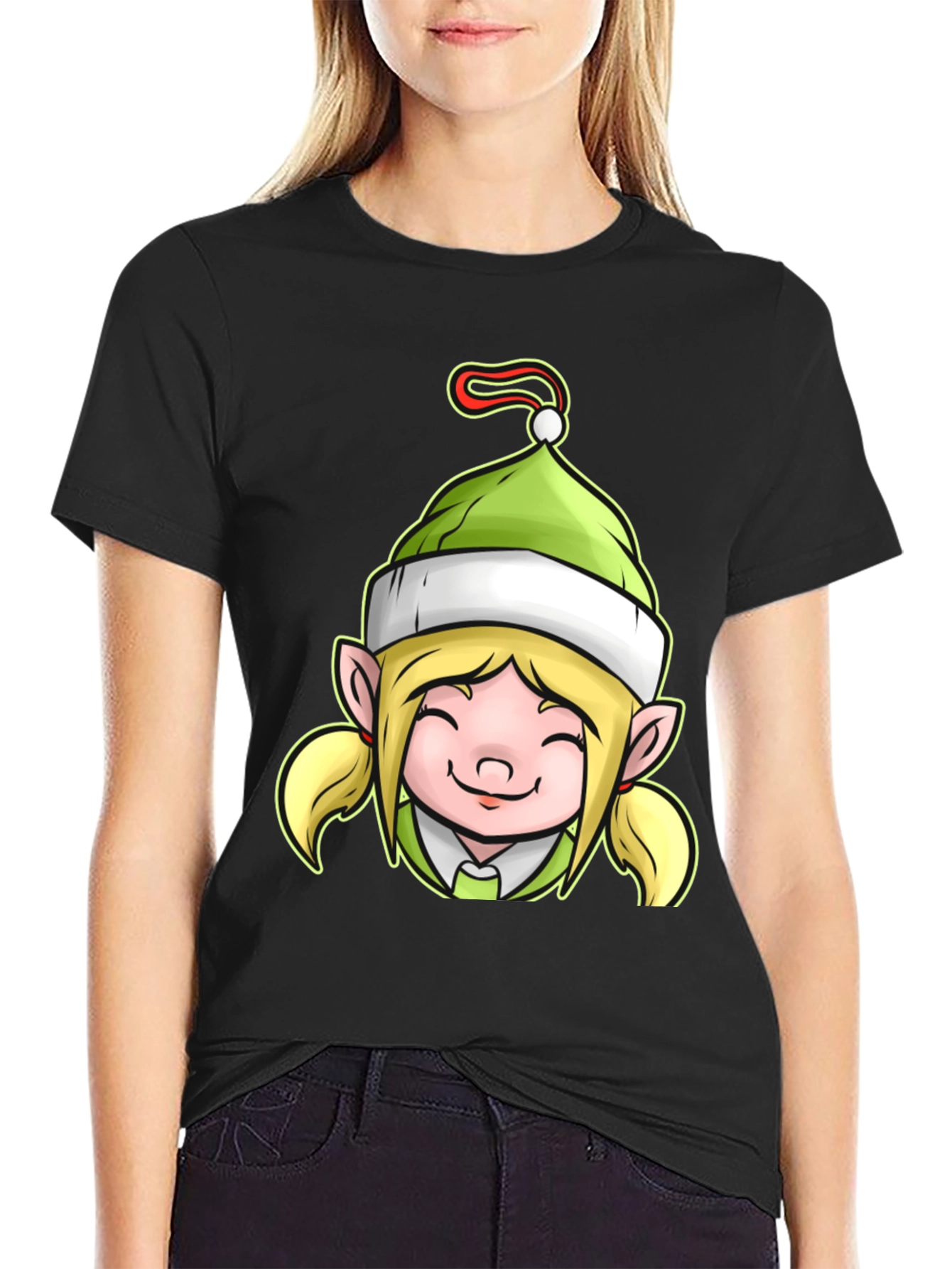 Black Festive Elf Girl Graphic Tee view 2