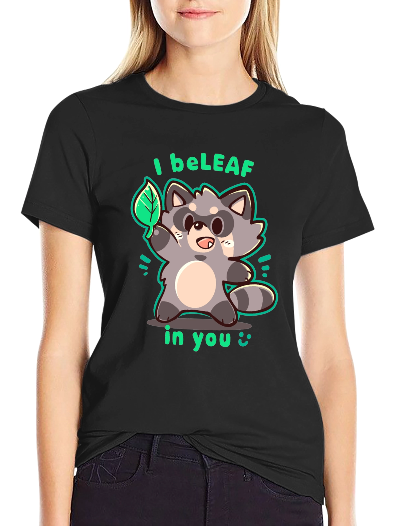 Black I beLEAF in You Raccoon Graphic T-Shirt view 2