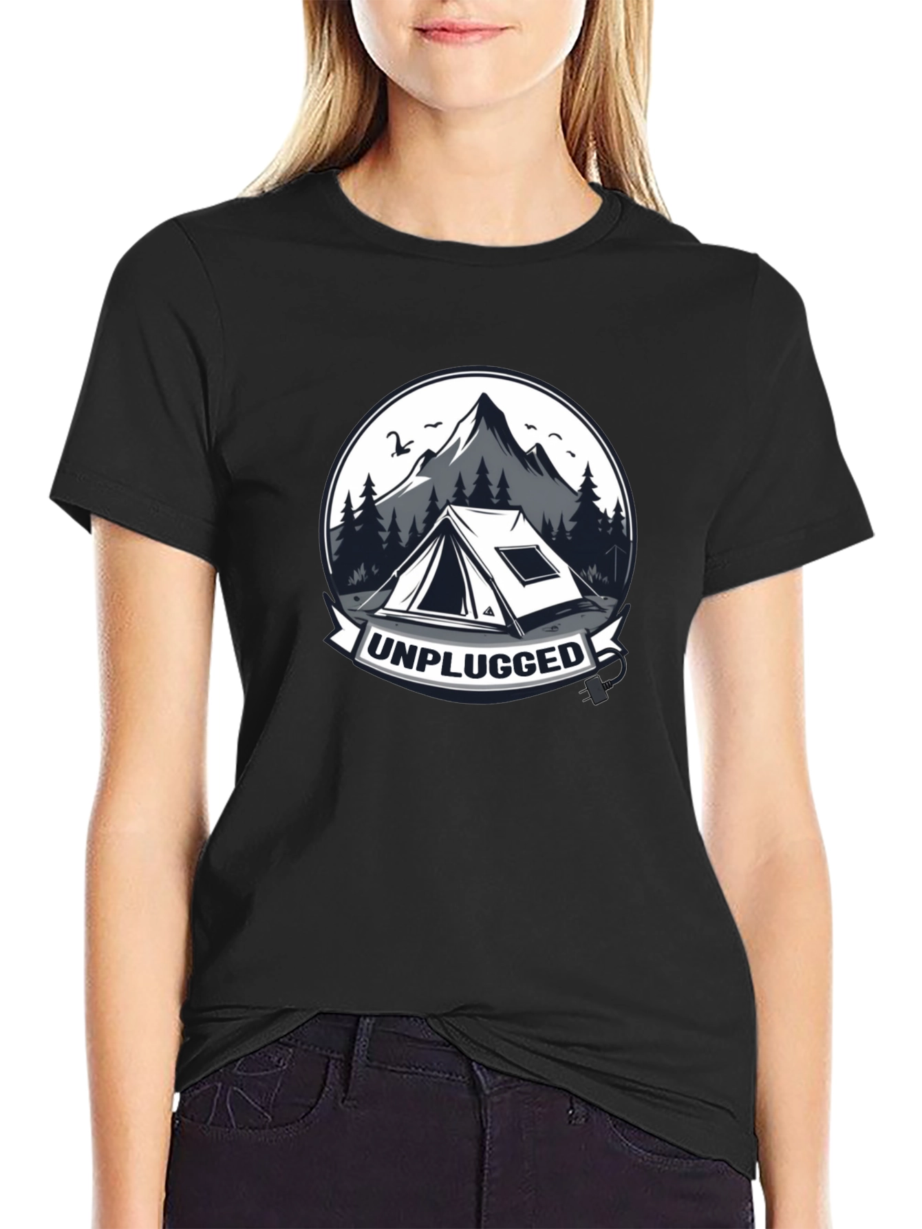 Black Unplugged Camping Graphic T-Shirt view 2