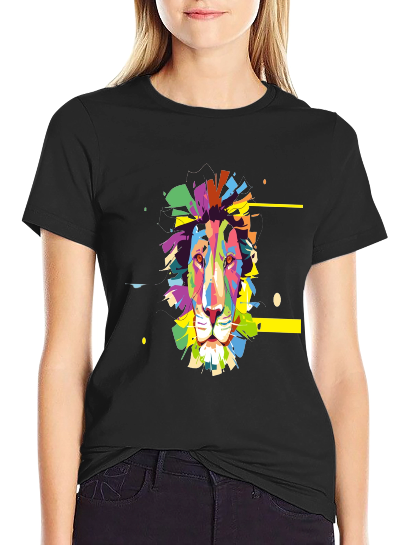 Black Colorful Lion Graphic Print Tee - Black view 2