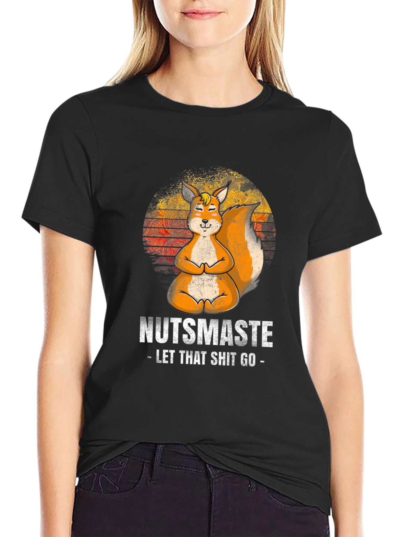 Black Nutsmaste Squirrel T-Shirt - Let That Shit Go - Yoga Squirrel view 2