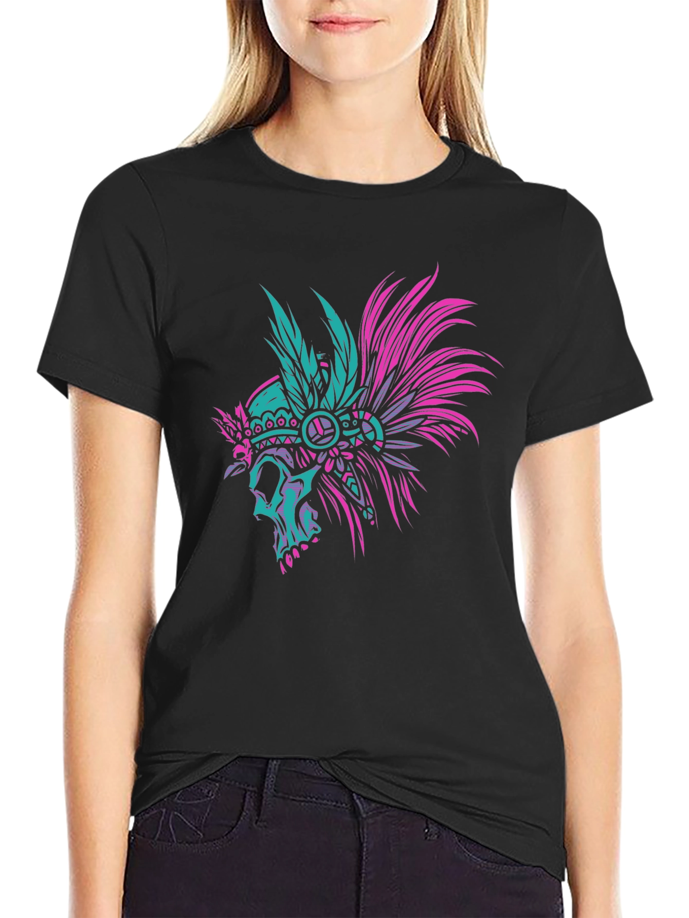 Black Skull Indian Headdress Black T-Shirt view 2
