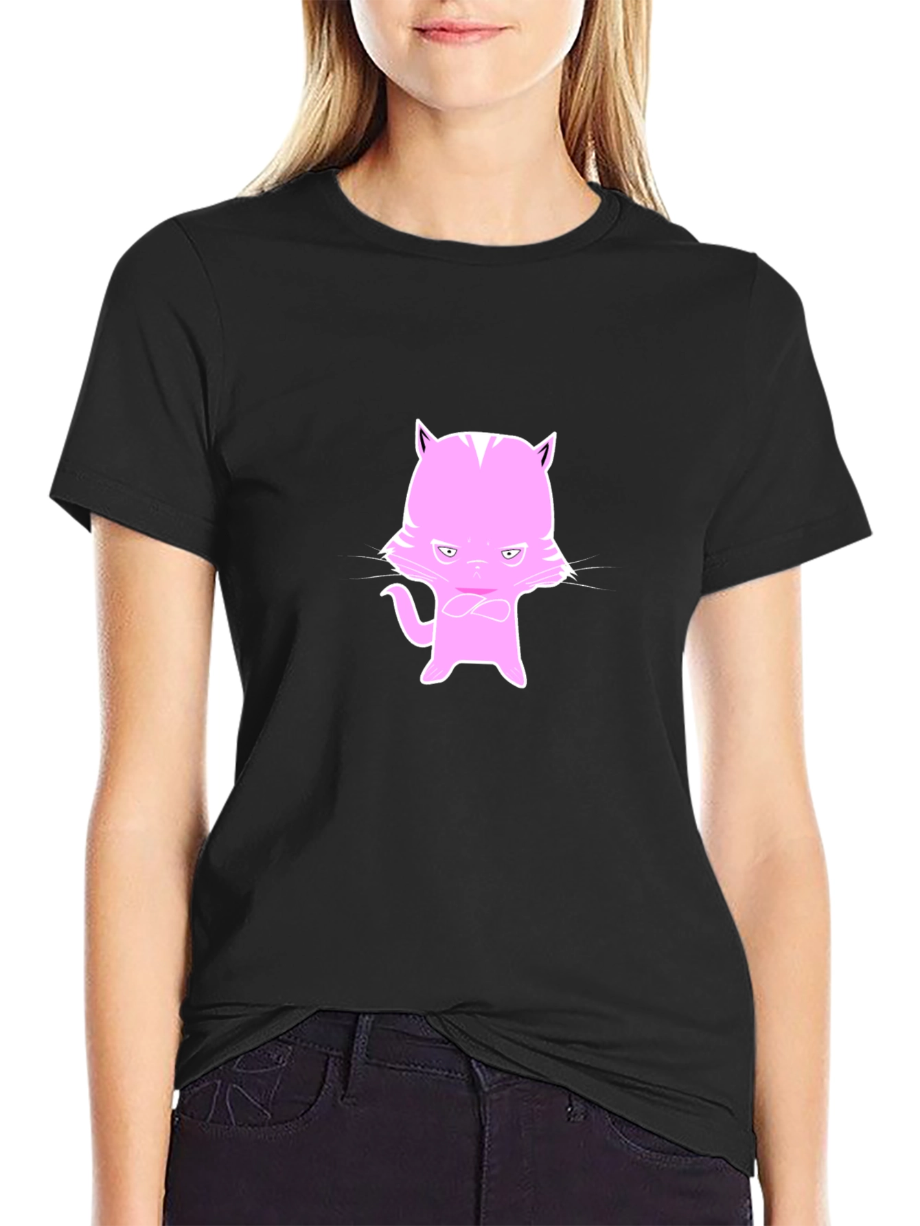 Black Men's Black T-Shirt with Pink Cat Design view 2