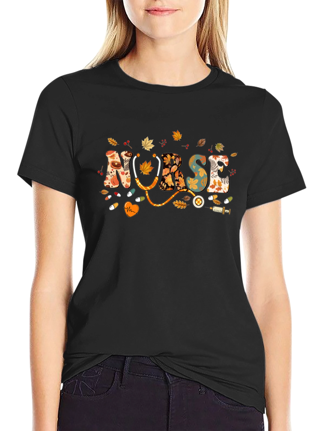 Black Fall Nurse T-Shirt - Autumn Leaves Design view 2
