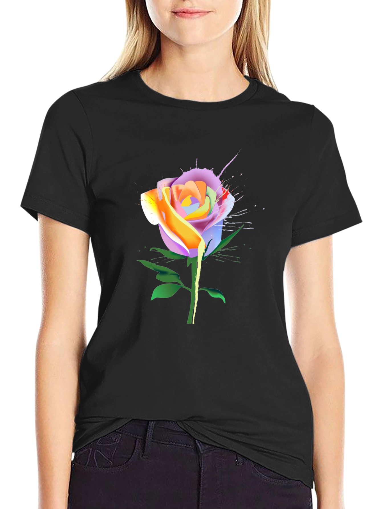 Black Rainbow Rose Graphic Tee - Unique Floral Design view 2