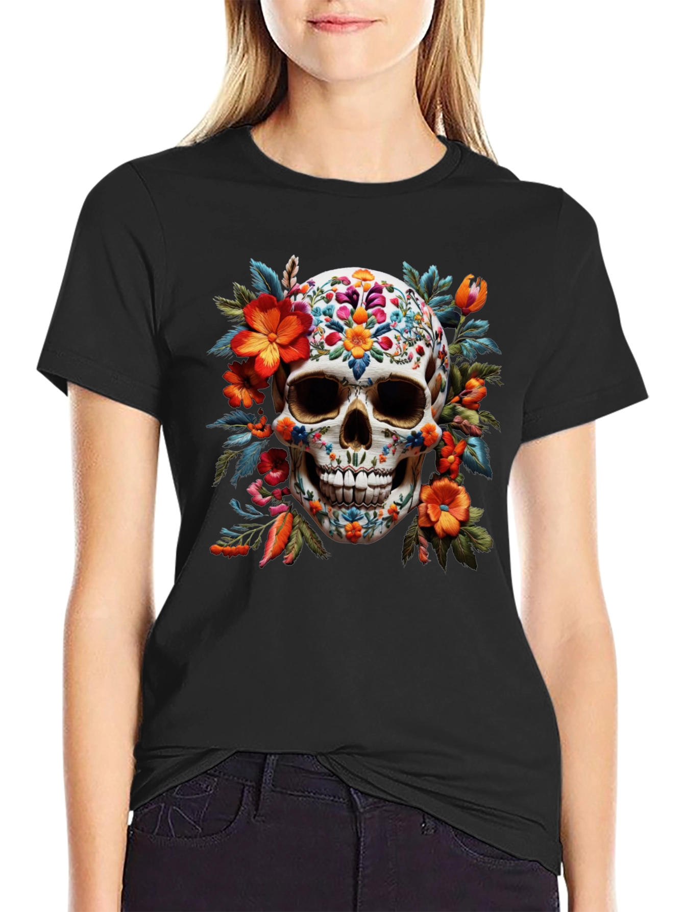 Black Floral Skull Graphic Tee - Day of the Dead view 2