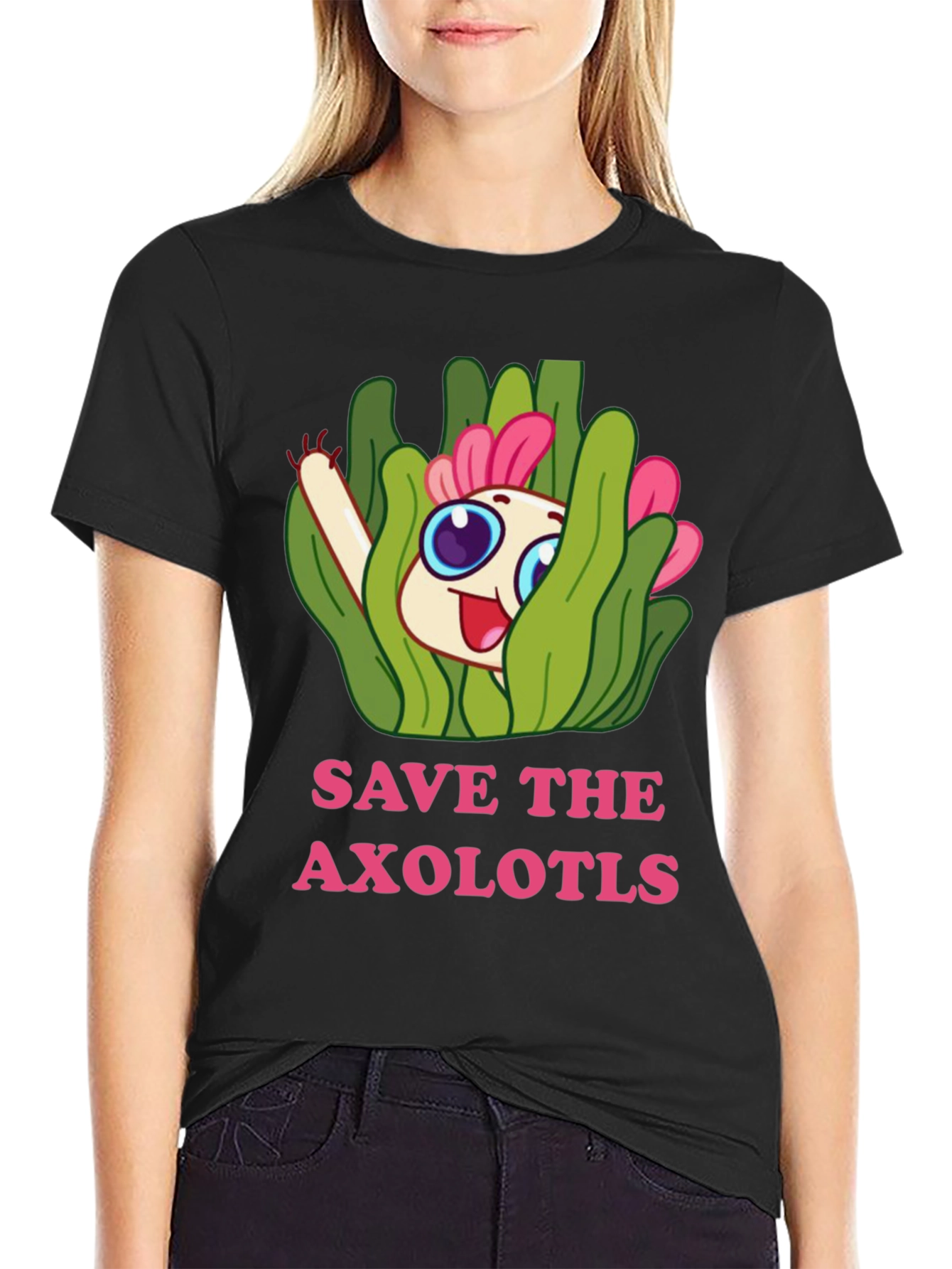 Black Save the Axolotls Cartoon Graphic T-Shirt view 2