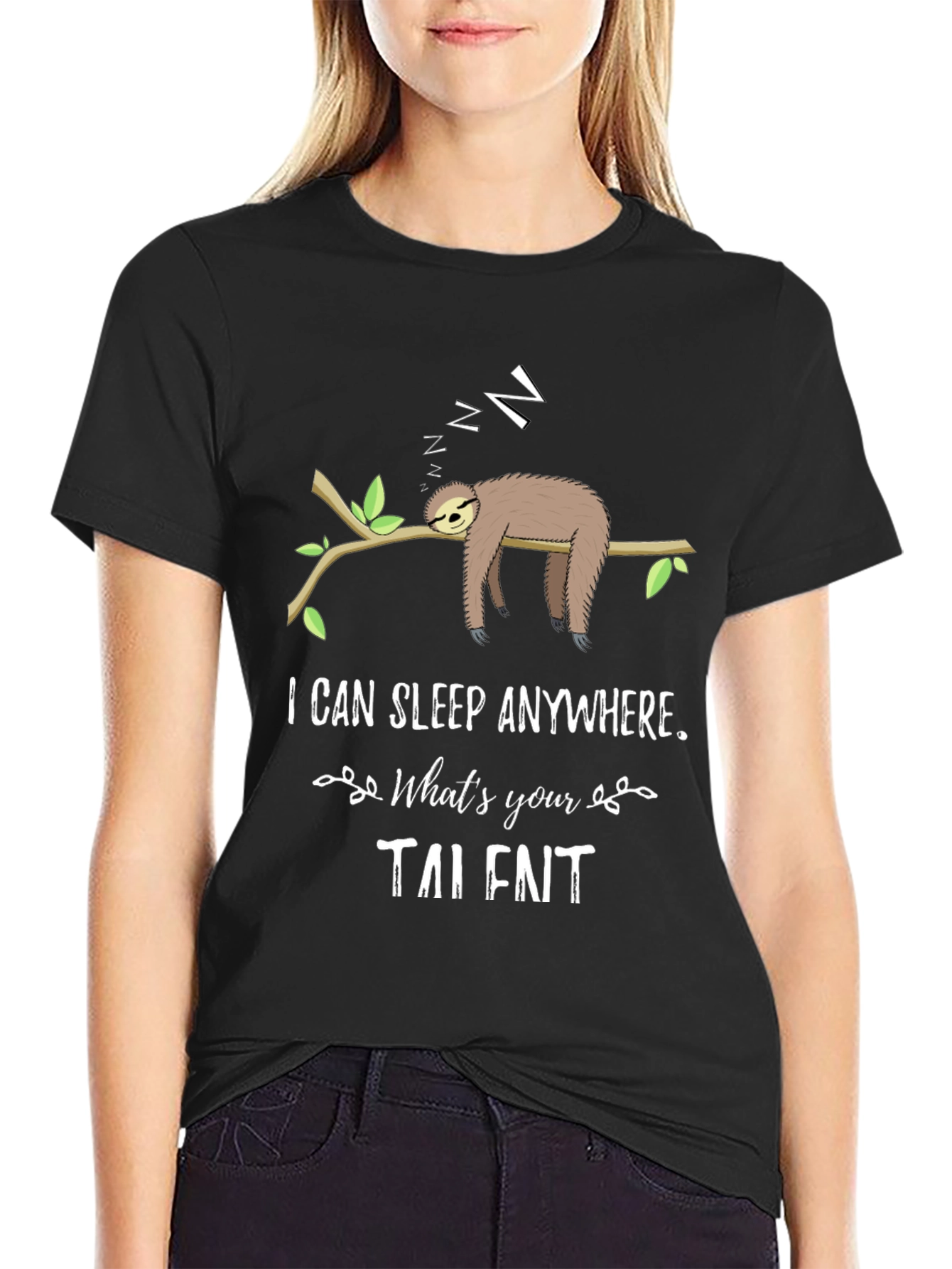 Black Funny Sloth Sleeping T-Shirt - I Can Sleep Anywhere view 2