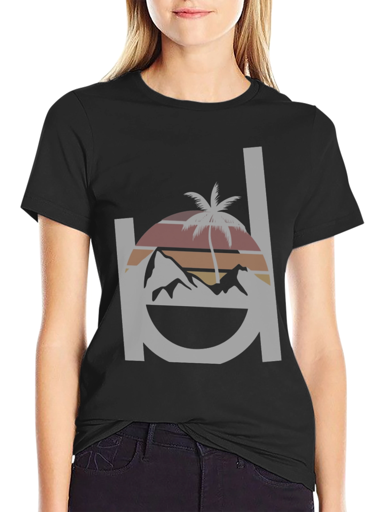Black Retro Sunset Mountain & Palm Tree Graphic Tee - Black view 2